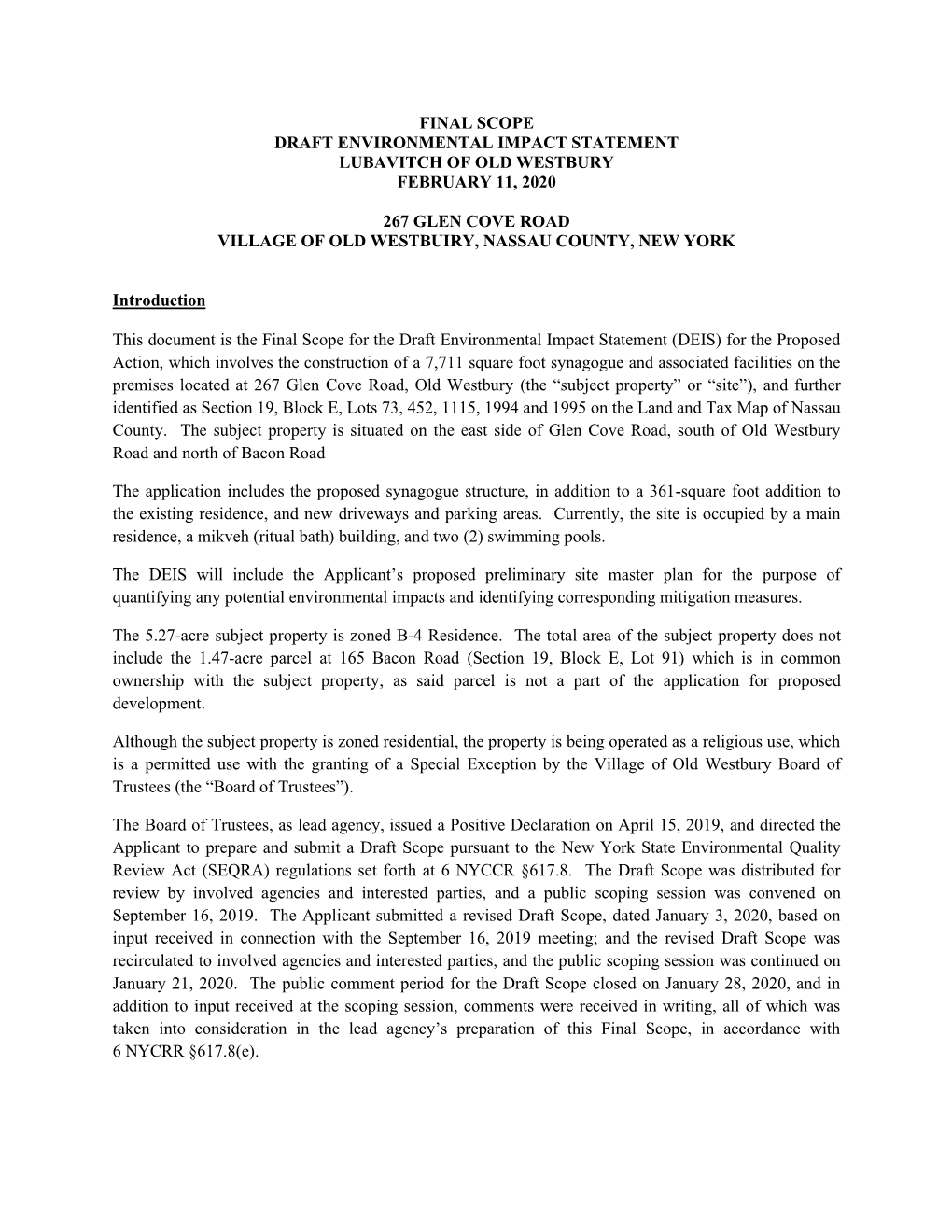 Final Scope Draft Environmental Impact Statement Lubavitch of Old Westbury February 11, 2020