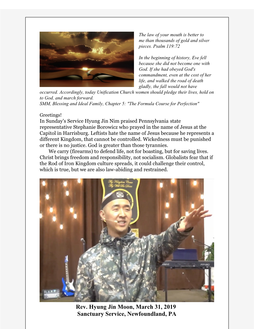 Rev. Hyung Jin Moon, March 31, 2019 Sanctuary Service, Newfoundland