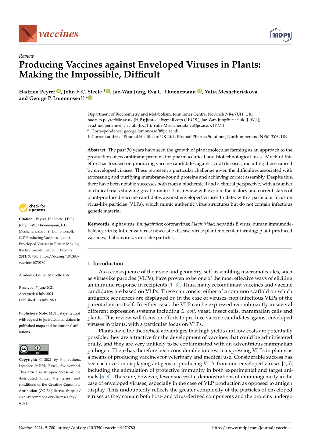 Producing Vaccines Against Enveloped Viruses in Plants: Making the Impossible, Difﬁcult