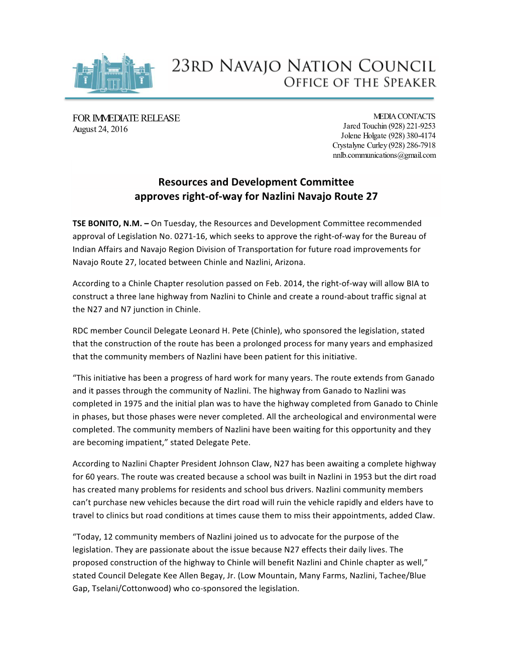 Resources and Development Committee Approves Right-‐Of-‐Way for Nazlini Navajo