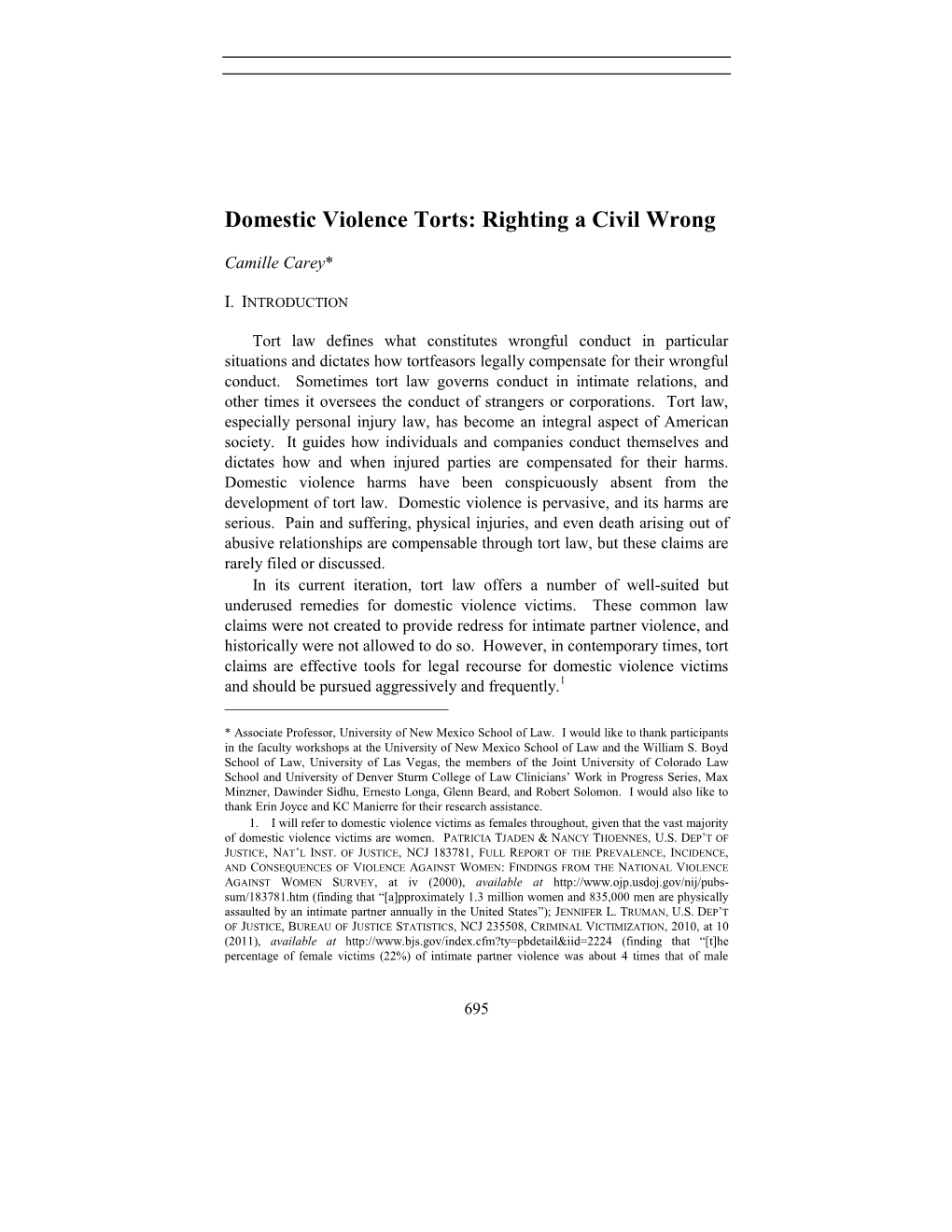 Domestic Violence Torts: Righting a Civil Wrong