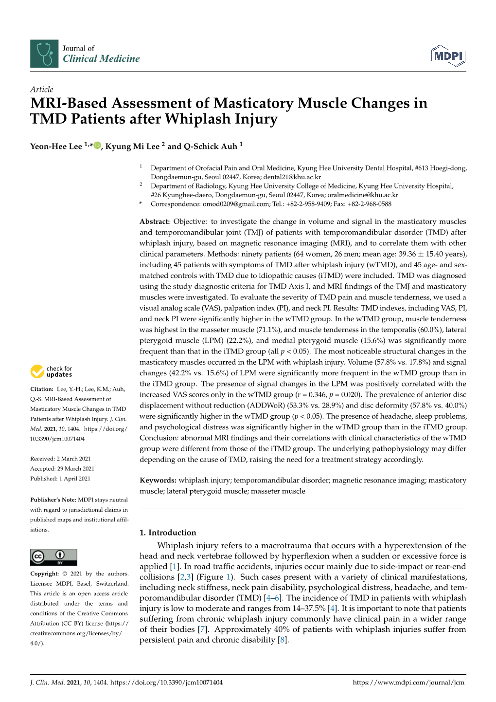 MRI-Based Assessment of Masticatory Muscle Changes in TMD Patients After Whiplash Injury