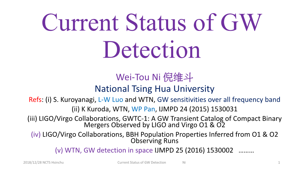 Current Status of GW Detection Wei-Tou Ni 倪维斗 National Tsing Hua University Refs: (I) S