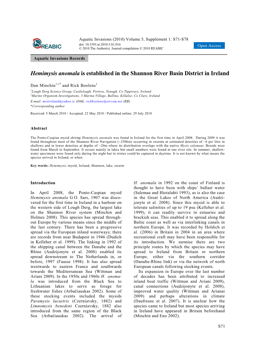 Hemimysis Anomala Is Established in the Shannon River Basin District in Ireland