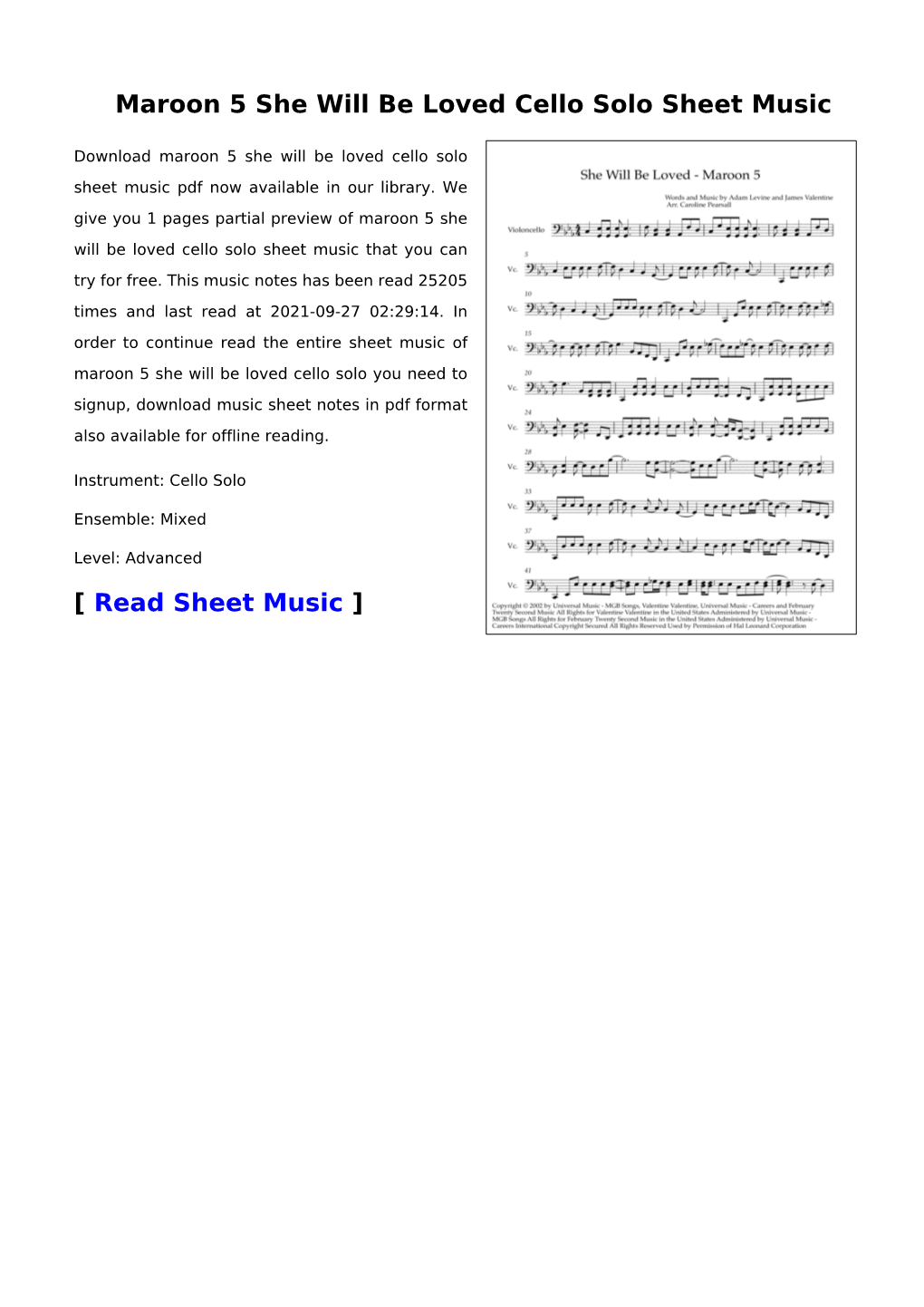 Maroon 5 She Will Be Loved Cello Solo Sheet Music