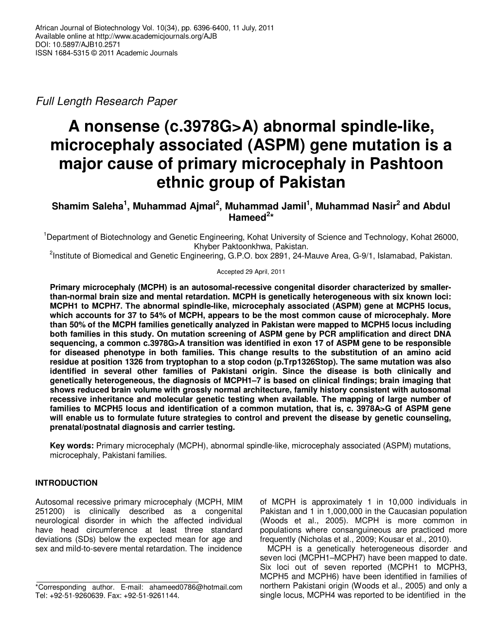 A Nonsense (C.3978G>A) Abnormal Spindle-Like, Microcephaly Associated (ASPM) Gene Mutation Is a Major Cause of Primary Microc