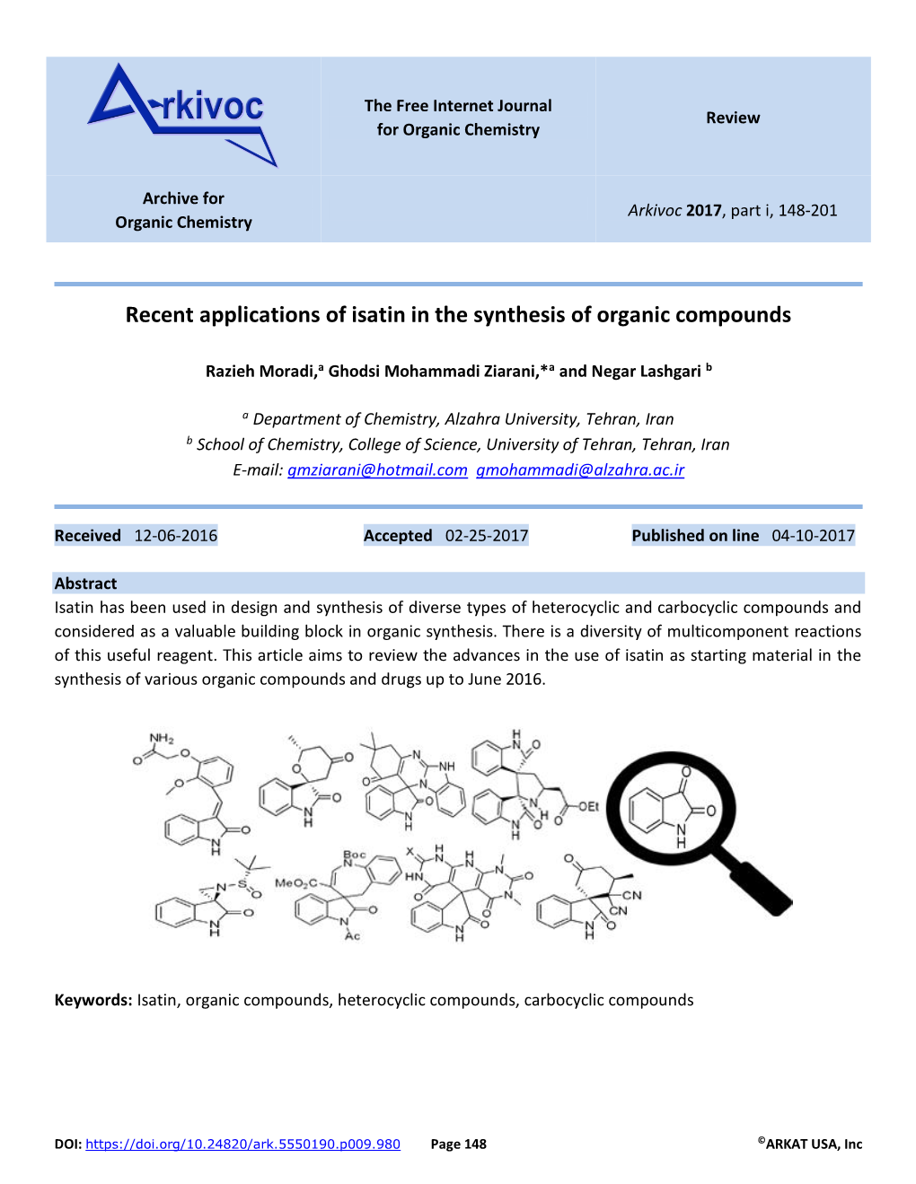 Recent Applications of Isatin in the Synthesis of Organic Compounds