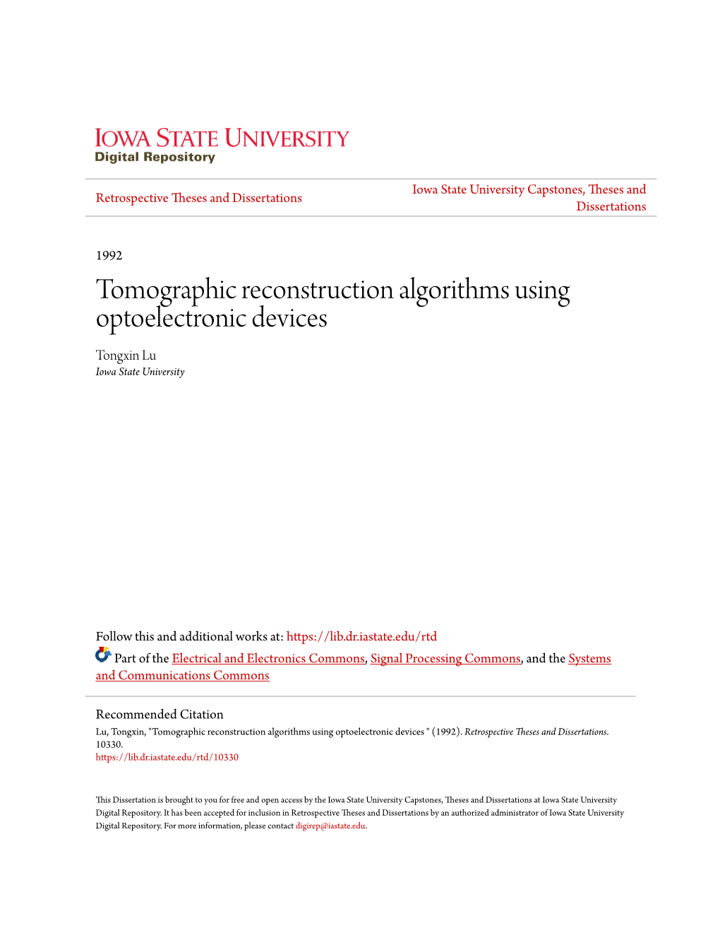 Tomographic Reconstruction Algorithms Using Optoelectronic Devices Tongxin Lu Iowa State University