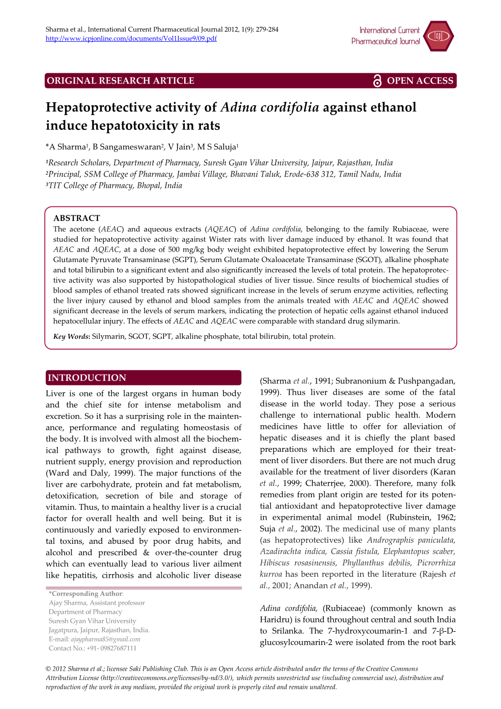 Hepatoprotective Activity of Adina Cordifolia Against Ethanol Induce Hepatotoxicity in Rats