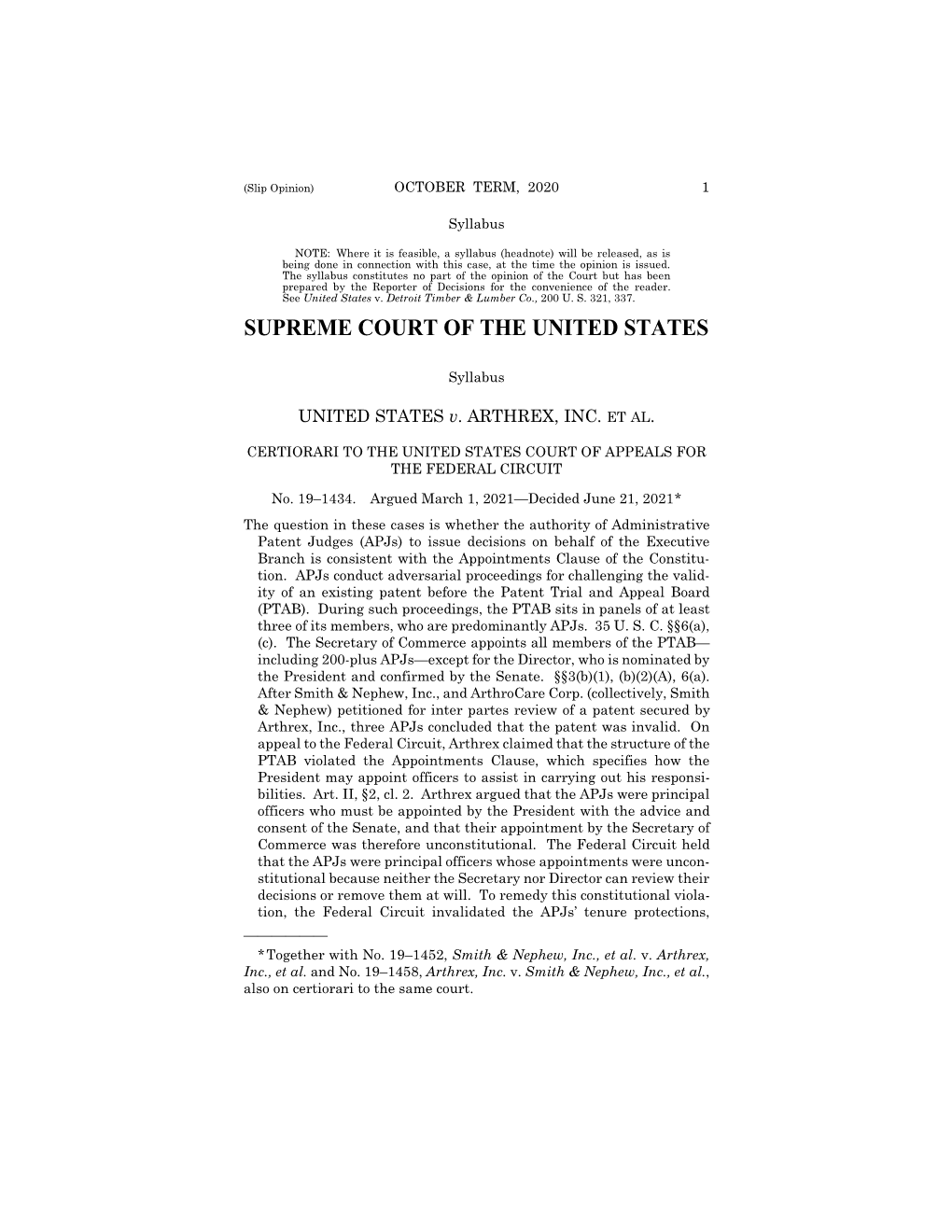 19-1434 United States V. Arthrex, Inc. (06/21/2021)