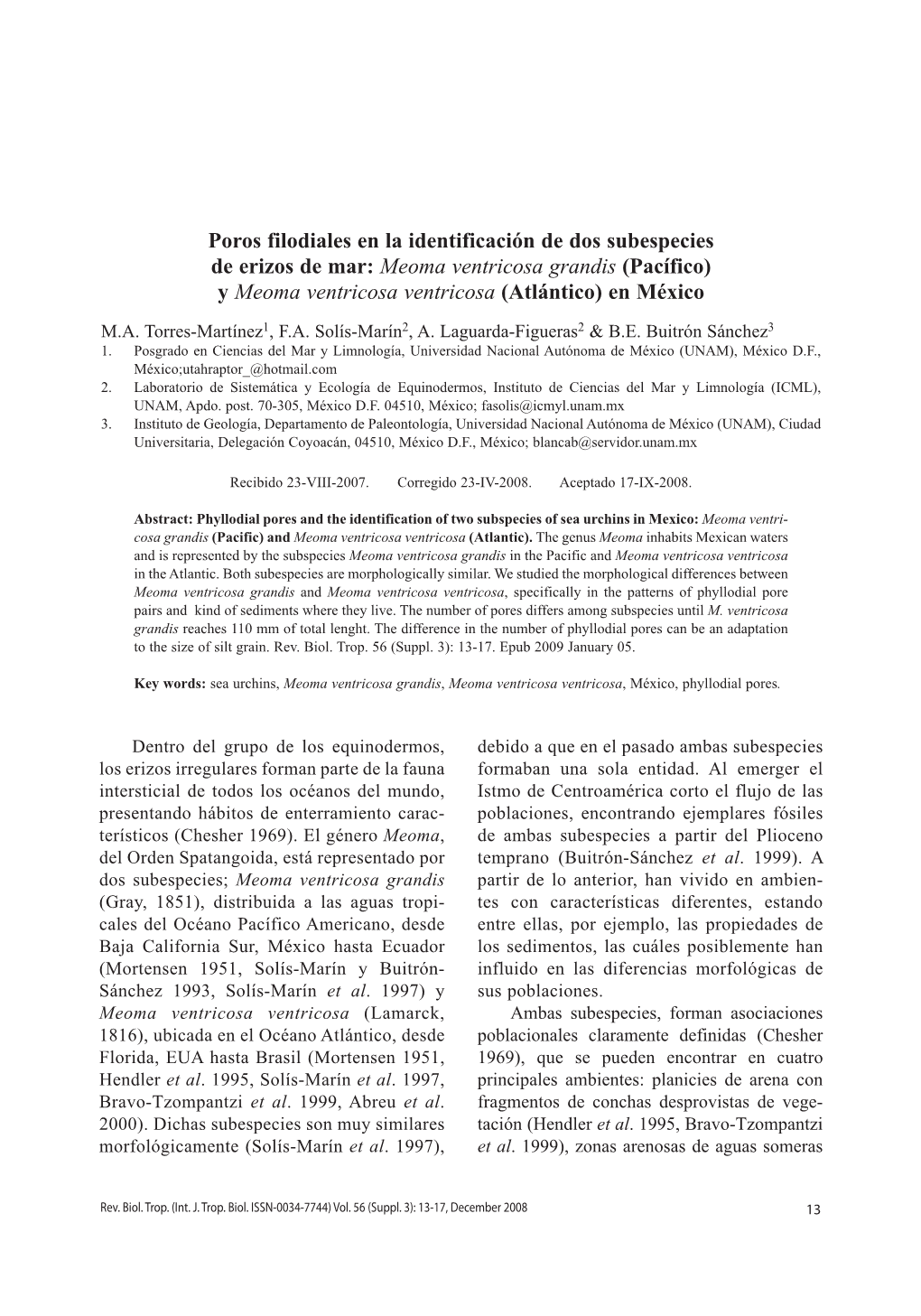 Poros Filodiales En La Identificación De Dos Subespecies De Erizos De Mar: Meoma Ventricosa Grandis (Pacífico) Y Meoma Ventricosa Ventricosa (Atlántico) En México