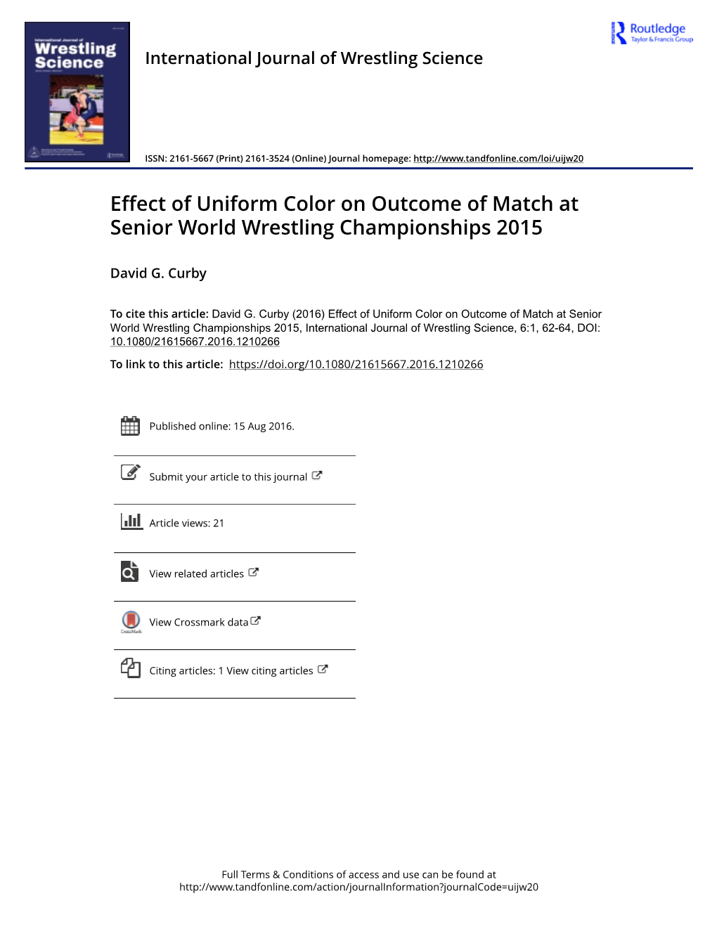 Effect of Uniform Color on Outcome of Match at Senior World Wrestling Championships 2015