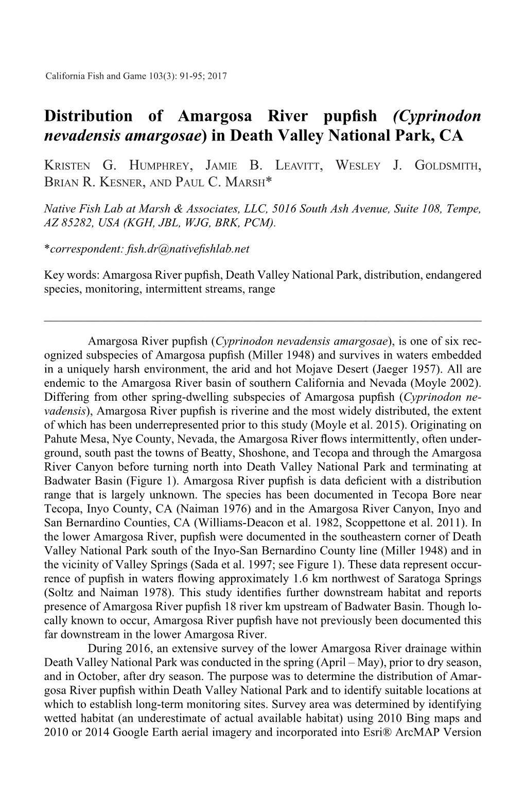 Distribution of Amargosa River Pupfish (Cyprinodon Nevadensis Amargosae) in Death Valley National Park, CA