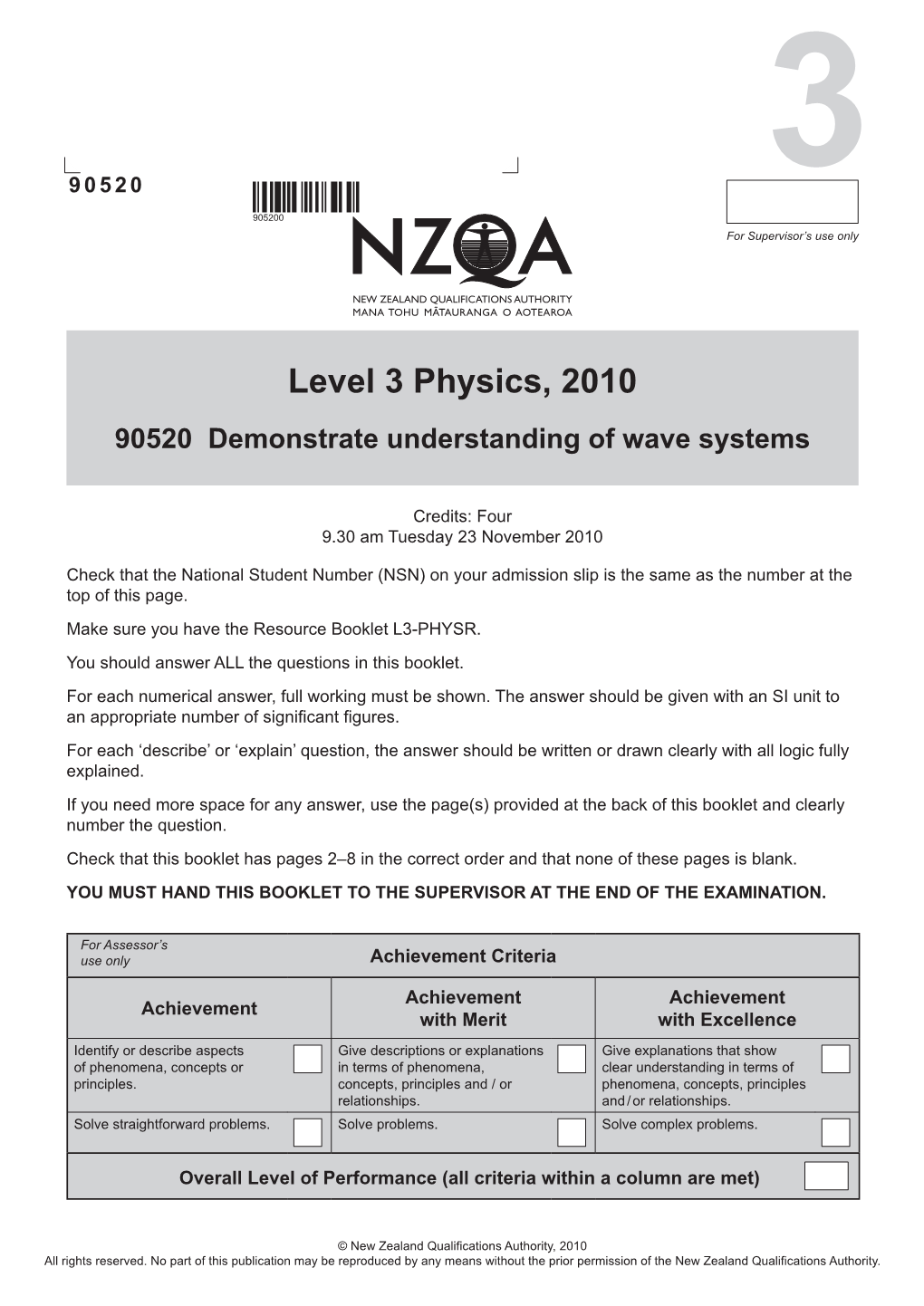 Level 3 Physics (90520) 2010