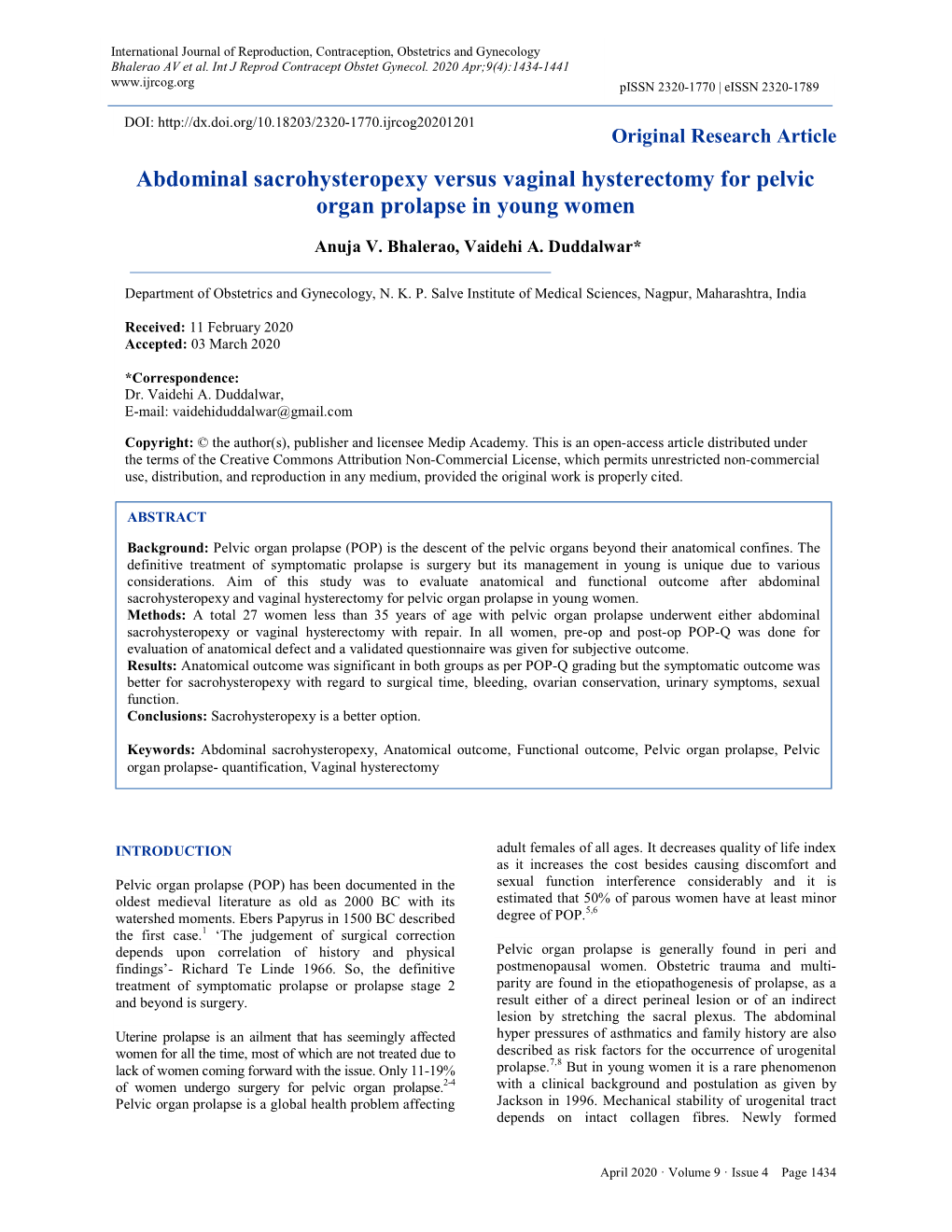 Abdominal Sacrohysteropexy Versus Vaginal Hysterectomy for Pelvic Organ Prolapse in Young Women