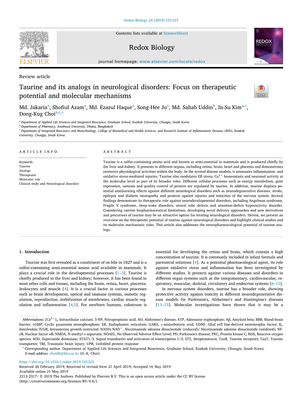 Taurine and Its Analogs in Neurological Disorders Focus On