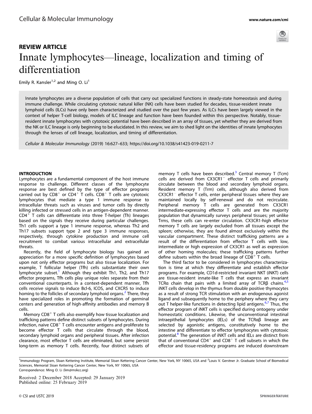 Innate Lymphocytesâ€”Lineage, Localization and Timing of Differentiation