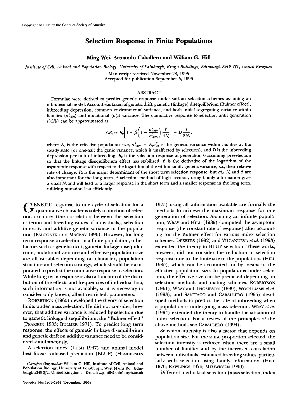 Selection Response in Finite Populations