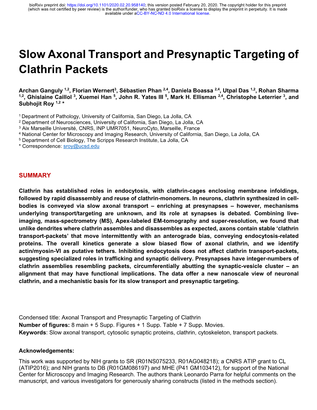 Slow Axonal Transport and Presynaptic Targeting of Clathrin Packets