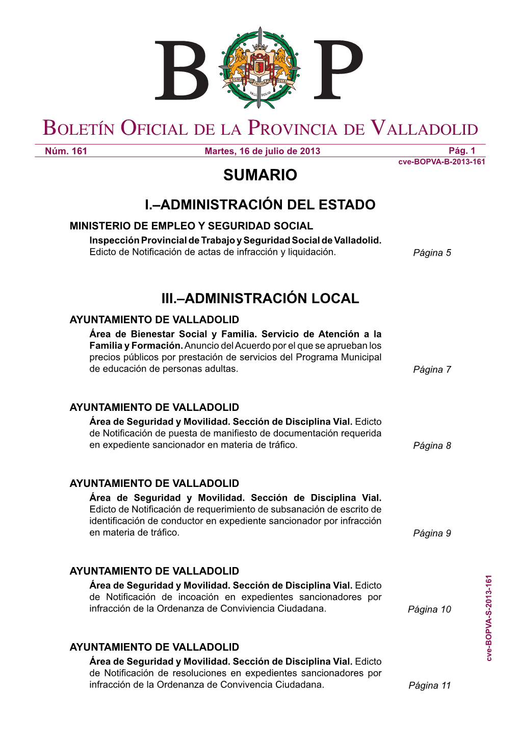 Boletín Oficial De La Provincia De Valladolid Sumario