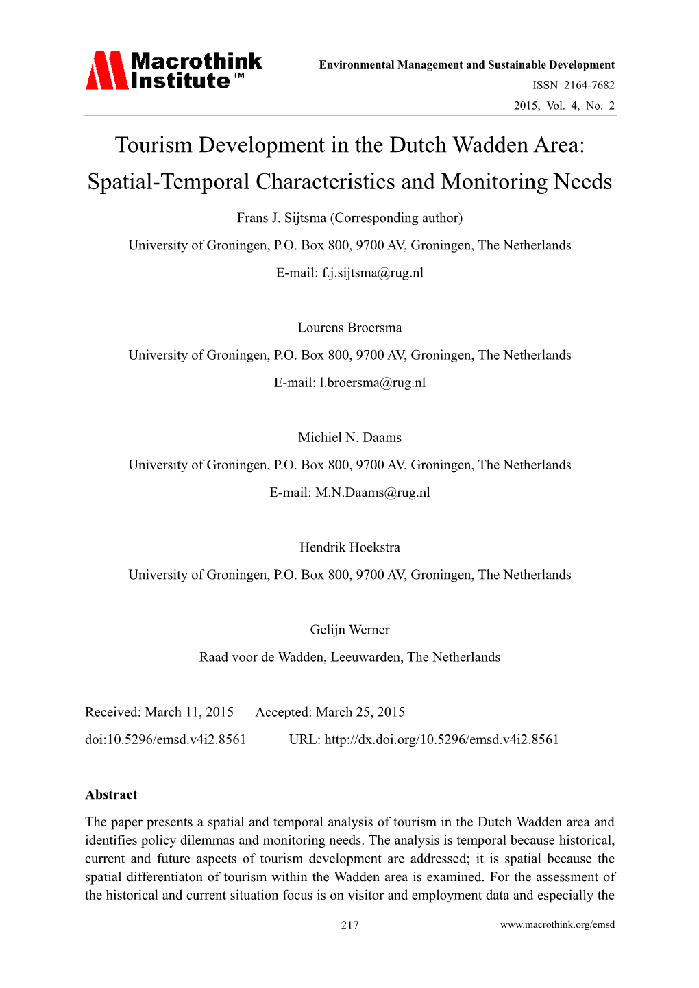 Tourism Development in the Dutch Wadden Area: Spatial-Temporal Characteristics and Monitoring Needs