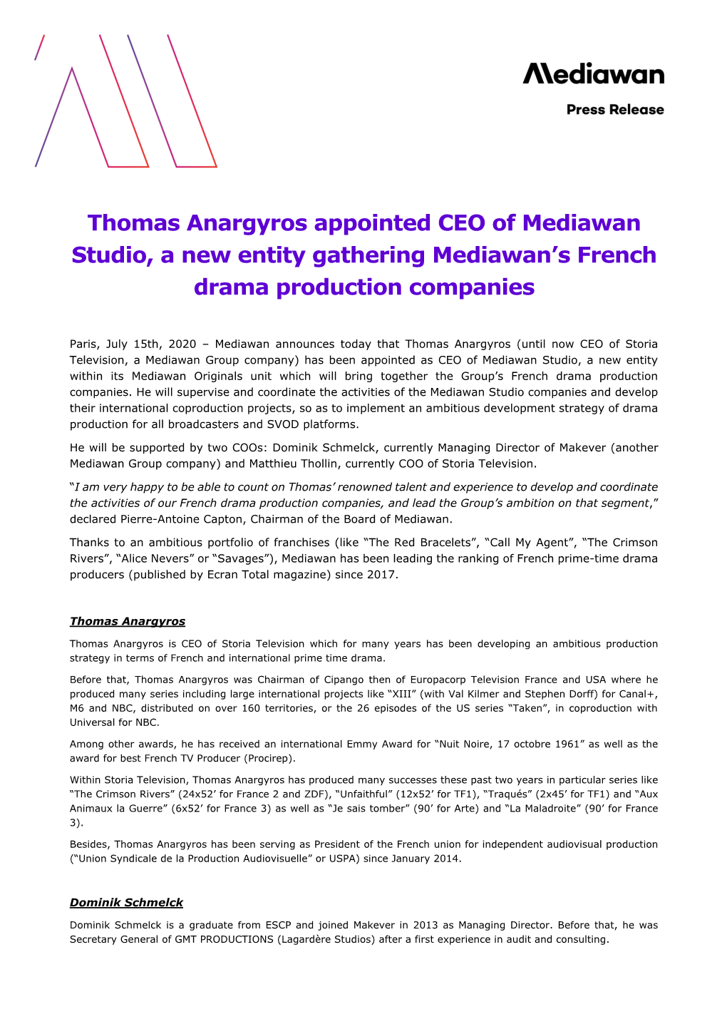 Thomas Anargyros Appointed CEO of Mediawan Studio, a New Entity Gathering Mediawan’S French Drama Production Companies