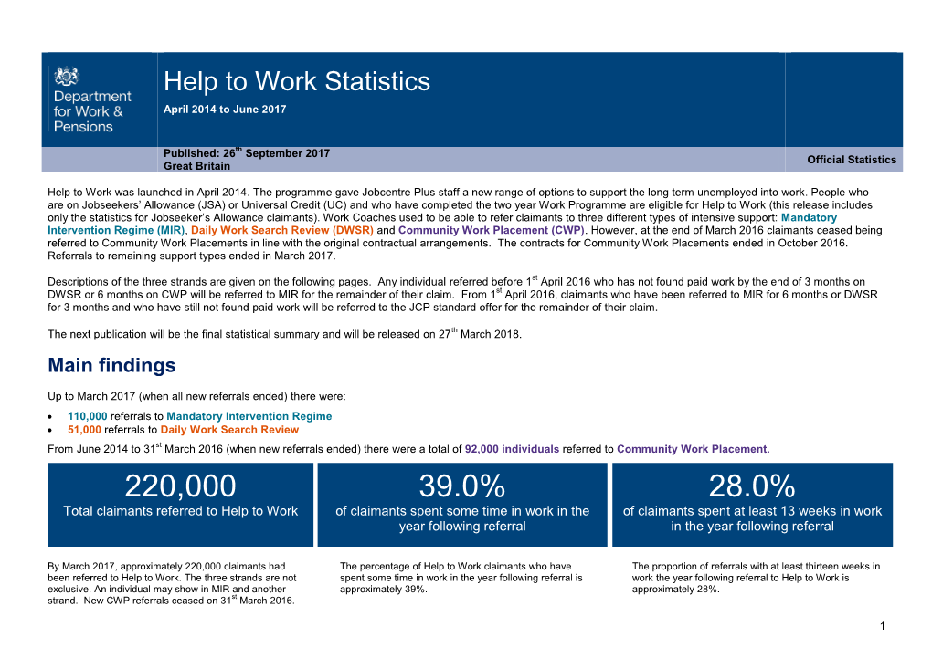 Help to Work Statistics to June 2017