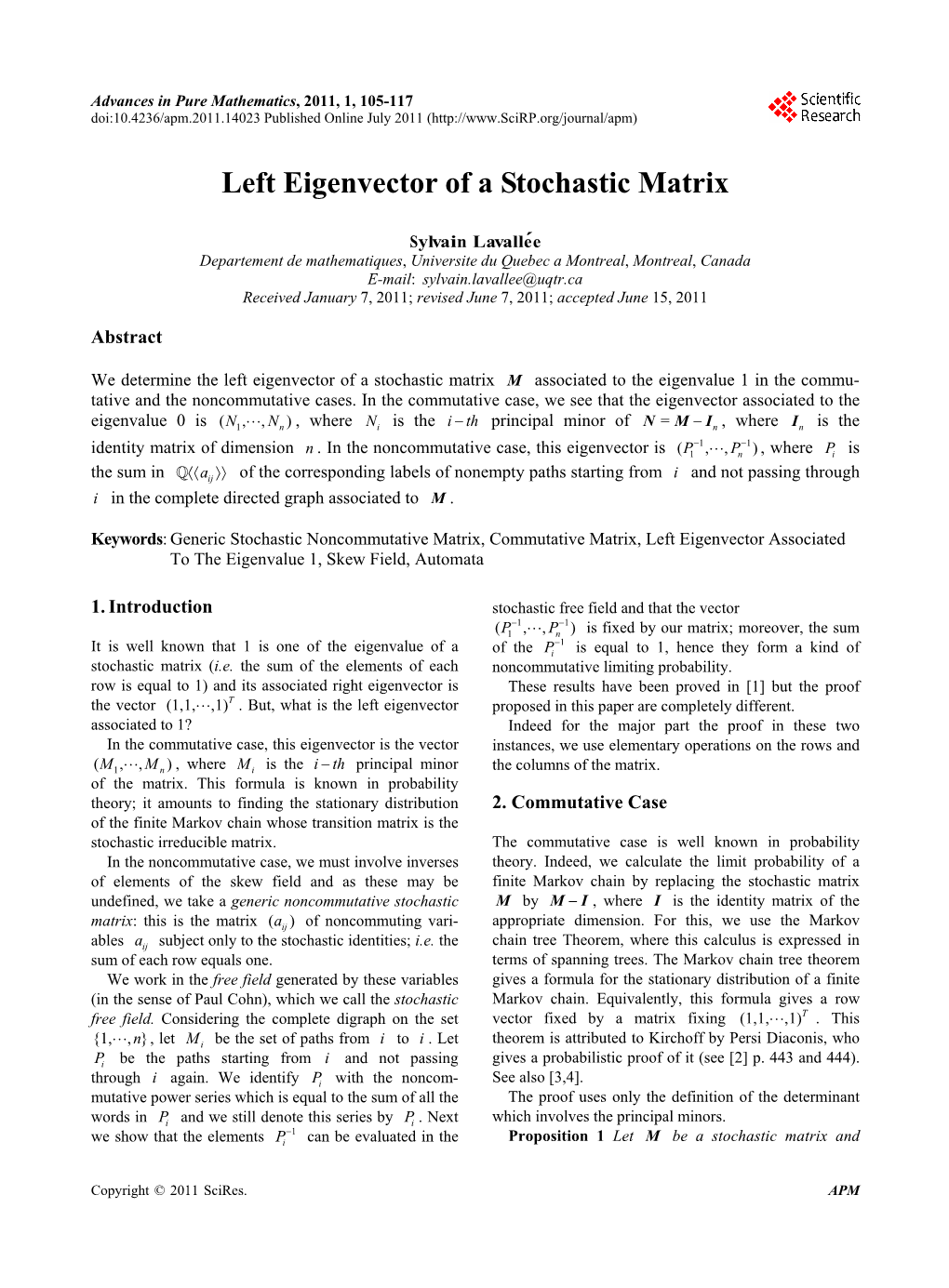 Left Eigenvector of a Stochastic Matrix