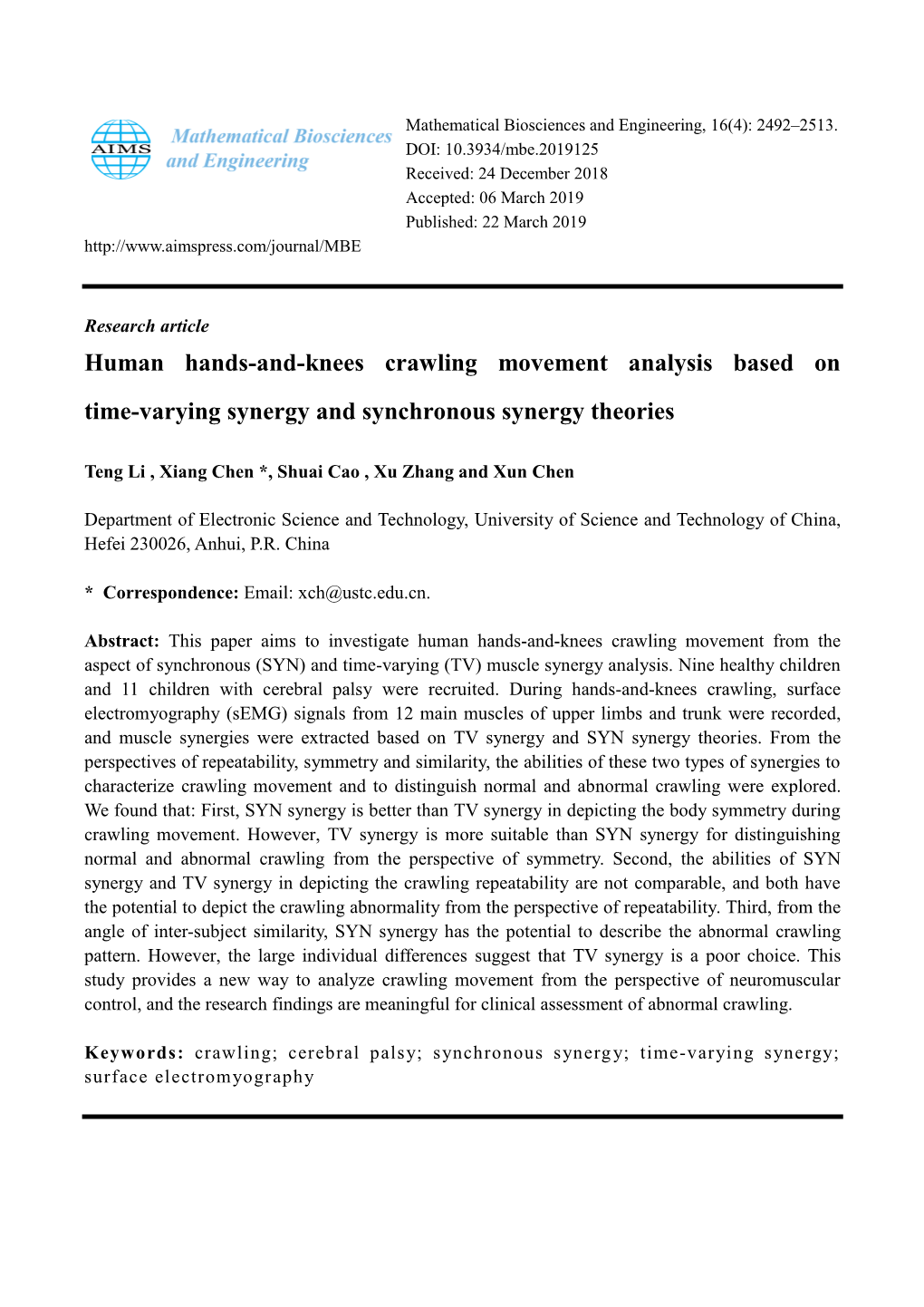 Human Hands-And-Knees Crawling Movement Analysis Based on Time-Varying Synergy and Synchronous Synergy Theories