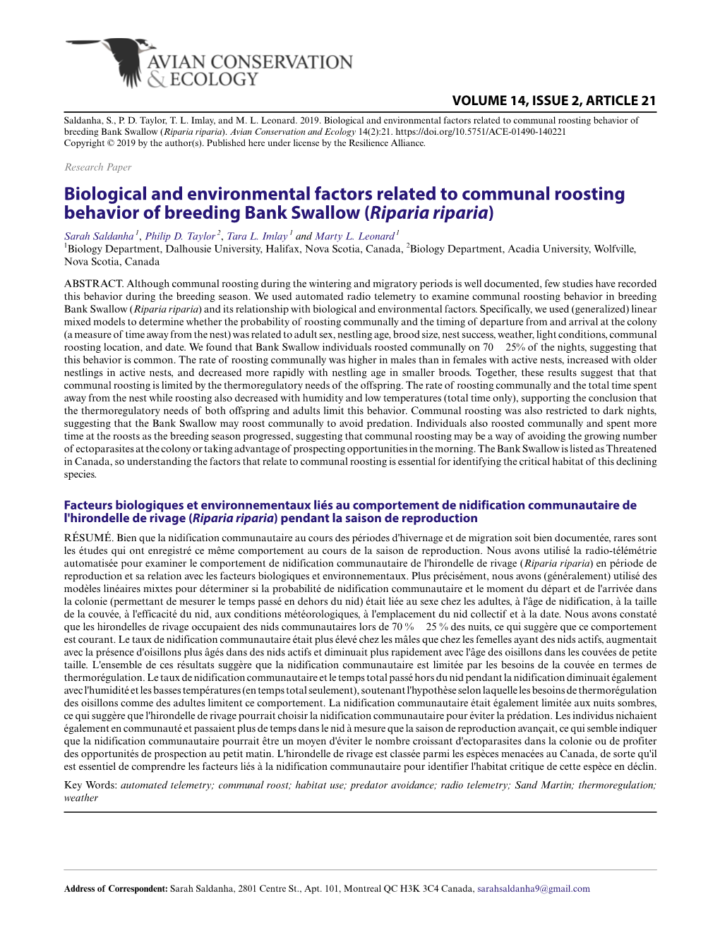 Biological and Environmental Factors Related to Communal Roosting Behavior of Breeding Bank Swallow (Riparia Riparia)