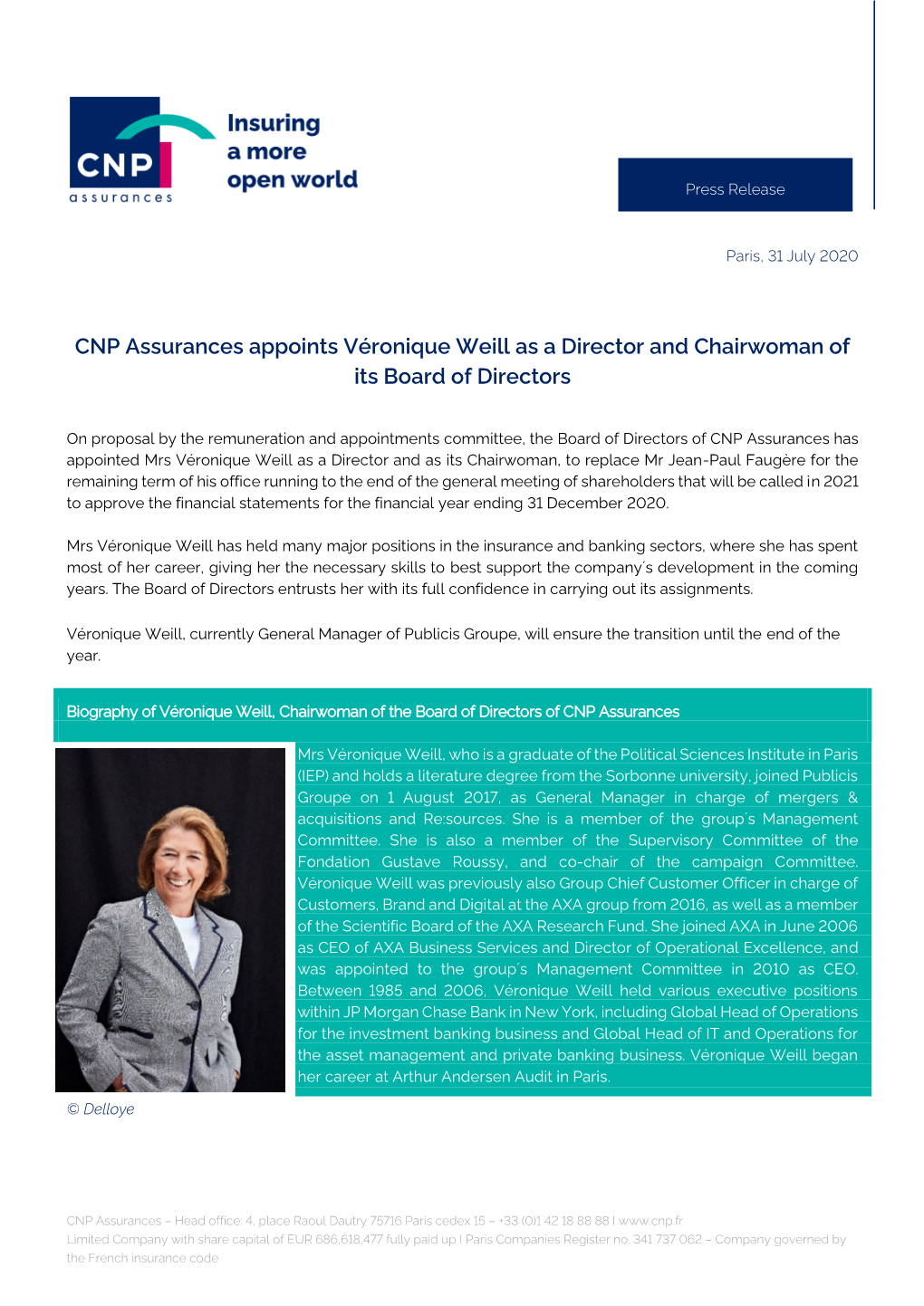 CNP Assurances Appoints Véronique Weill As a Director and Chairwoman of Its Board of Directors