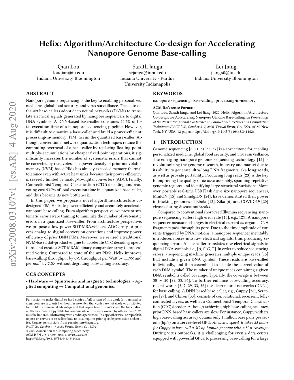 Helix: Algorithm/Architecture Co-Design for Accelerating Nanopore Genome Base-Calling