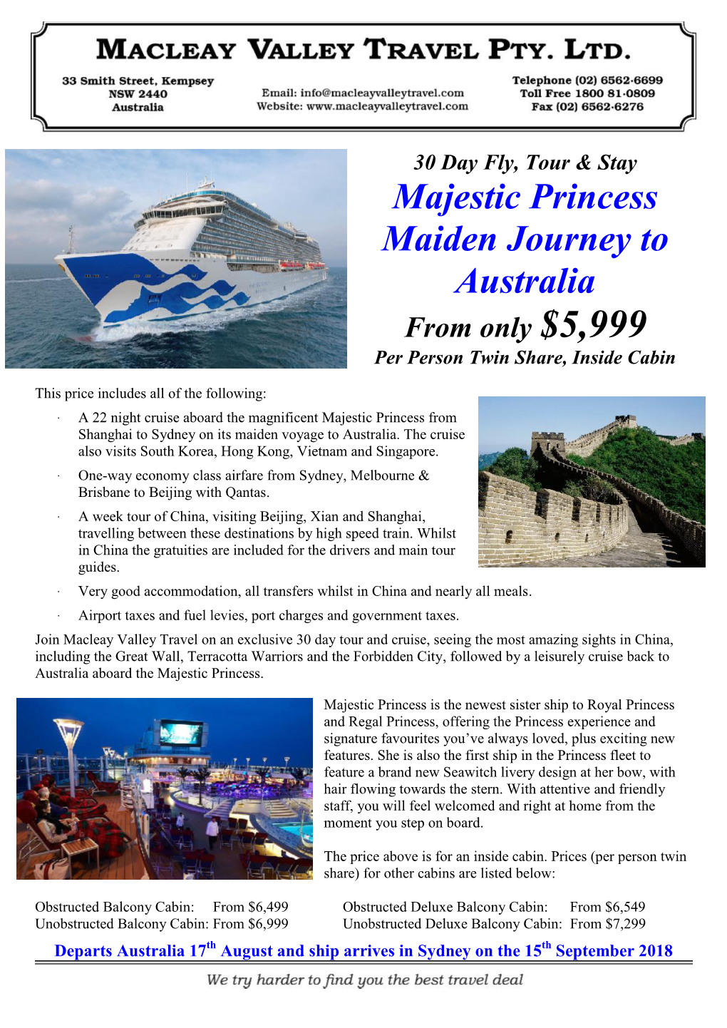 Majestic Princess Maiden Journey to Australia from Only $5,999 Per Person Twin Share, Inside Cabin