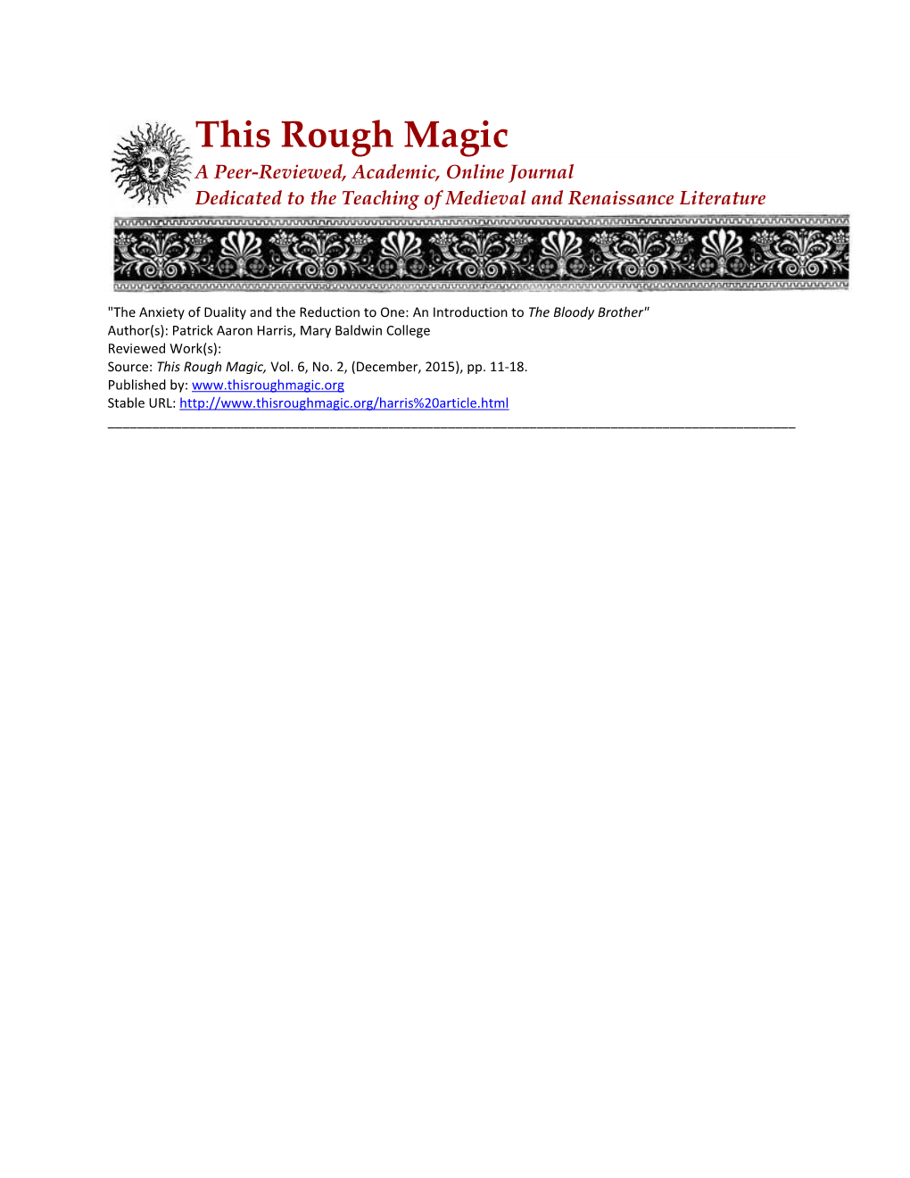 This Rough Magic a Peer-Reviewed, Academic, Online Journal Dedicated to the Teaching of Medieval and Renaissance Literature