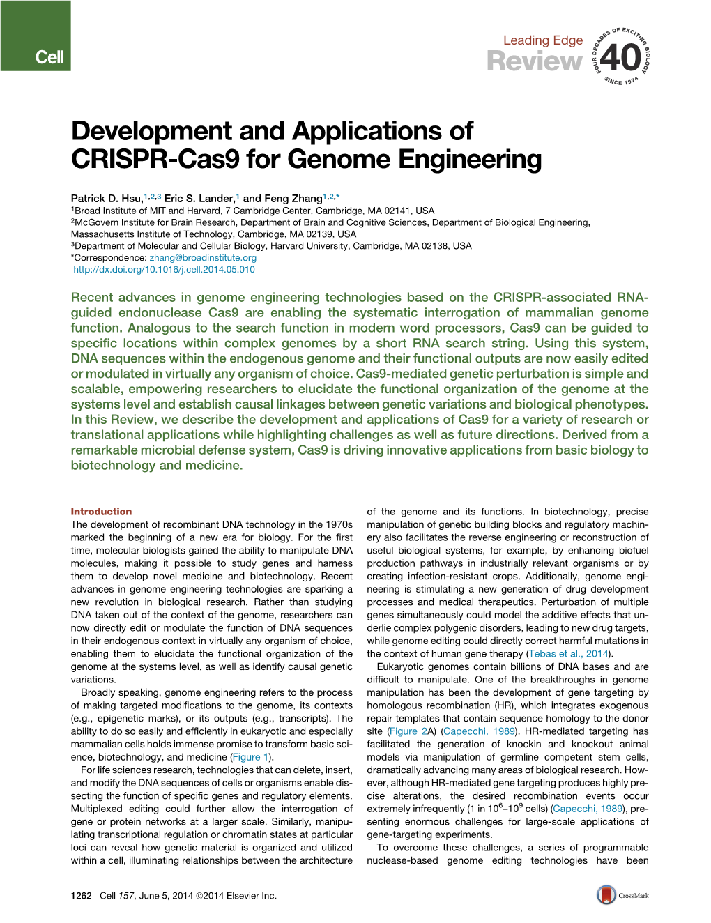 Development and Applications of CRISPR-Cas9 for Genome Engineering