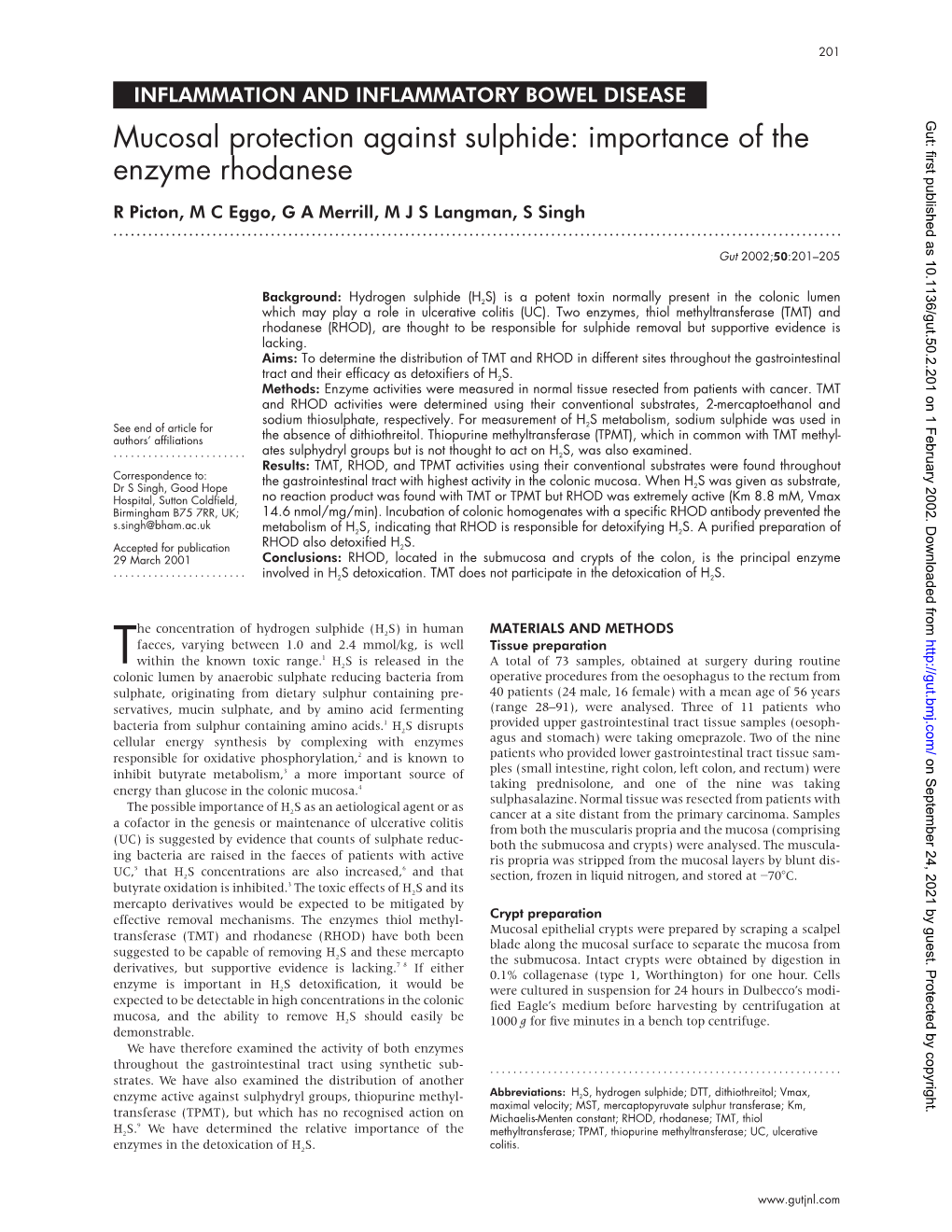 Mucosal Protection Against Sulphide: Importance of the Enzyme Rhodanese R Picton, M C Eggo, G a Merrill,Mjslangman, S Singh