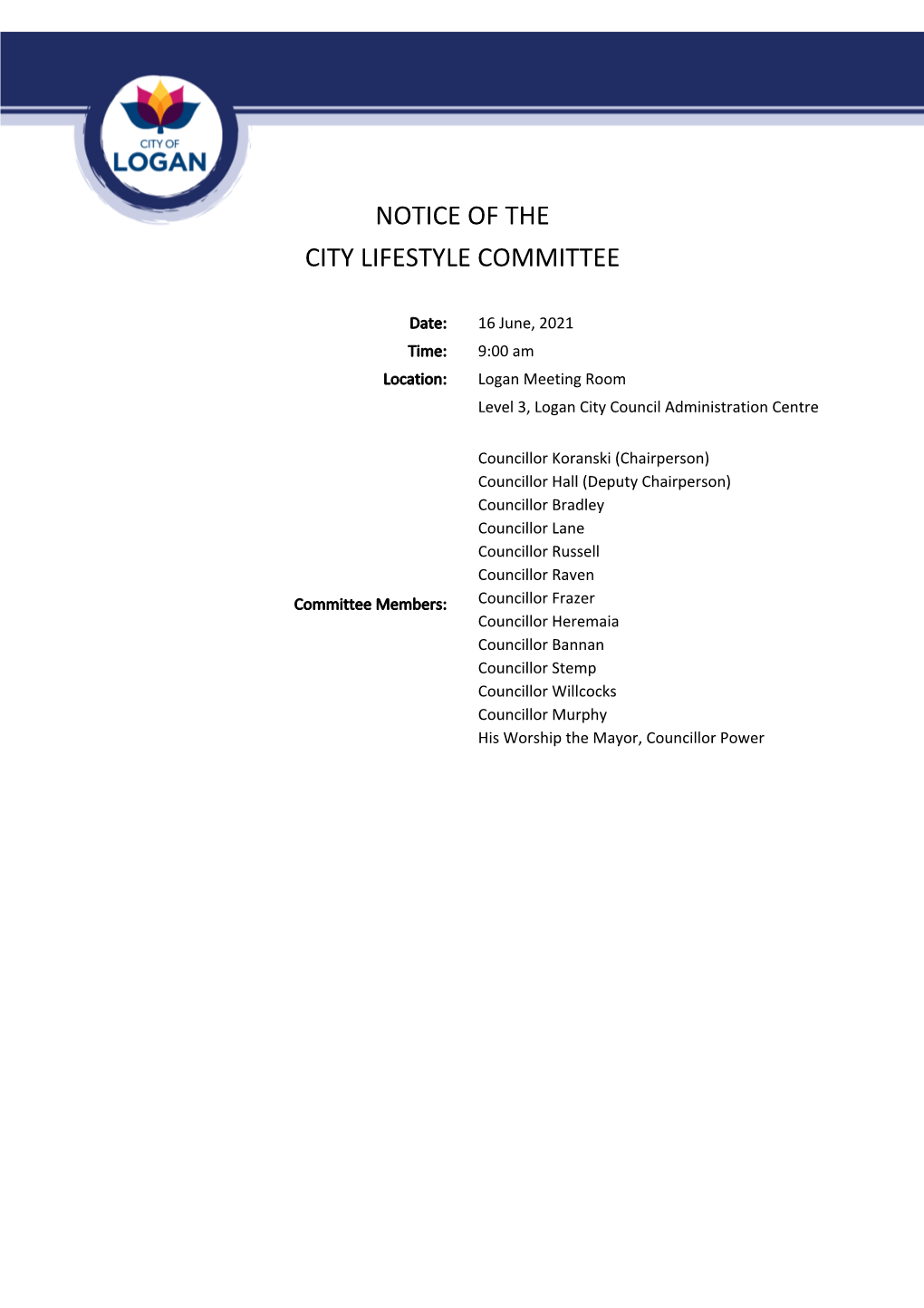 City Lifestyle Committee Agenda