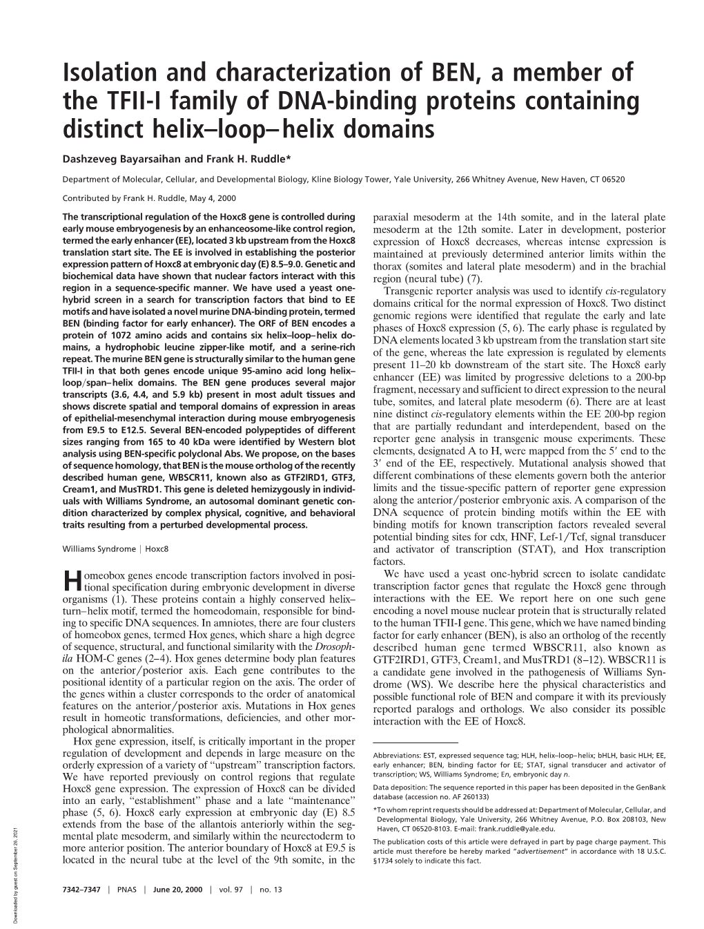 Isolation and Characterization of BEN, a Member of the TFII-I Family of DNA-Binding Proteins Containing Distinct Helix–Loop–Helix Domains