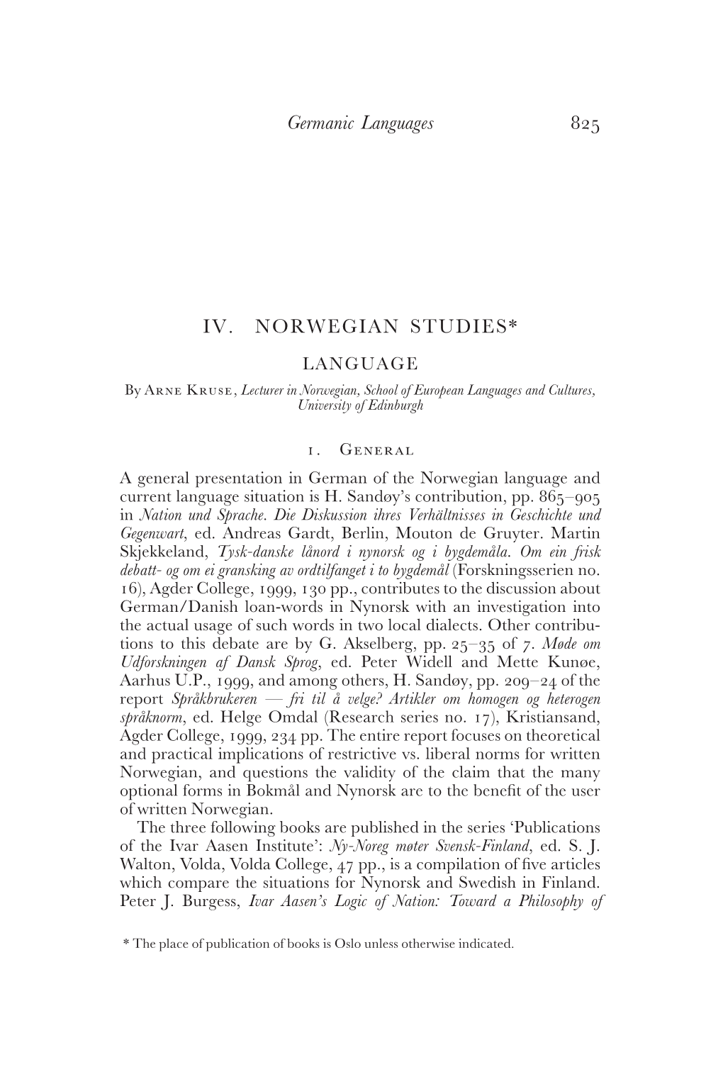 Germanic Languages 825 IV. NORWEGIAN STUDIES*