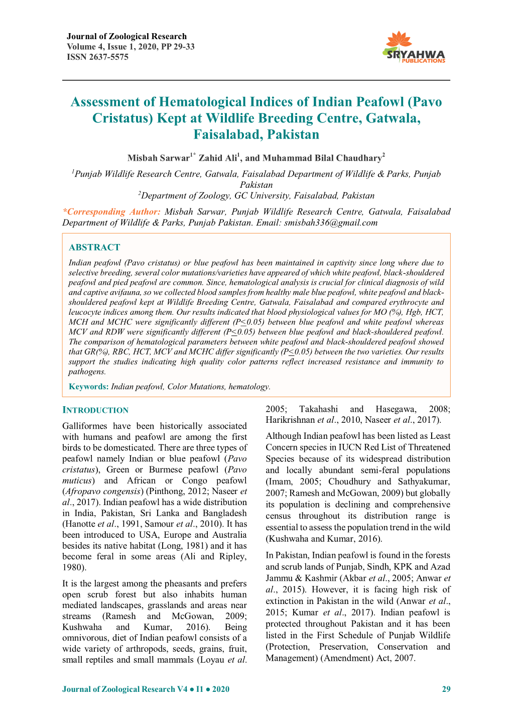 Assessment of Hematological Indices of Indian Peafowl (Pavo Cristatus) Kept at Wildlife Breeding Centre, Gatwala, Faisalabad, Pakistan