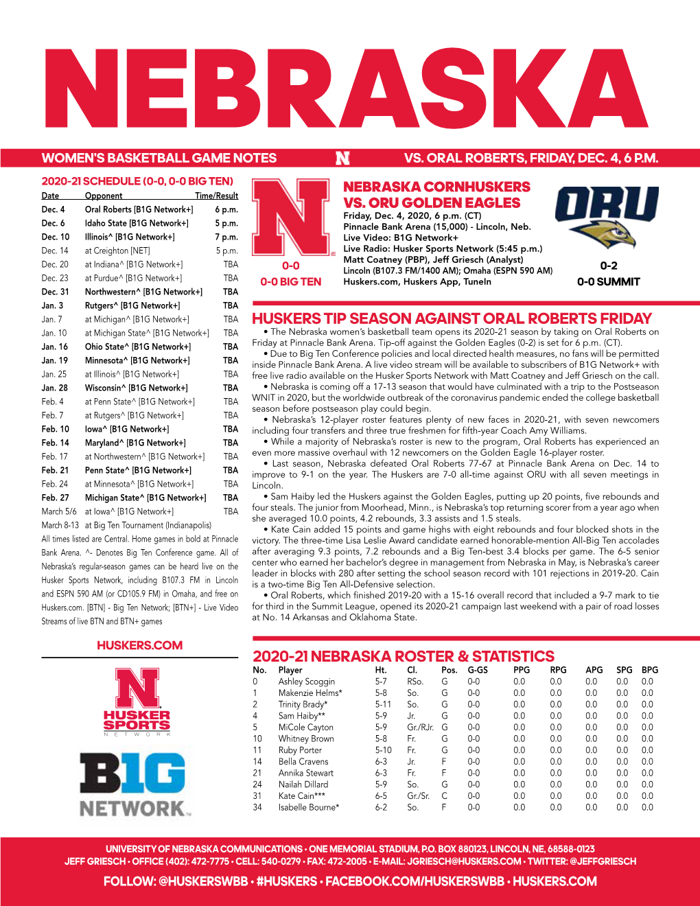 2020-21 Nebraska Roster & Statistics Huskers Tip