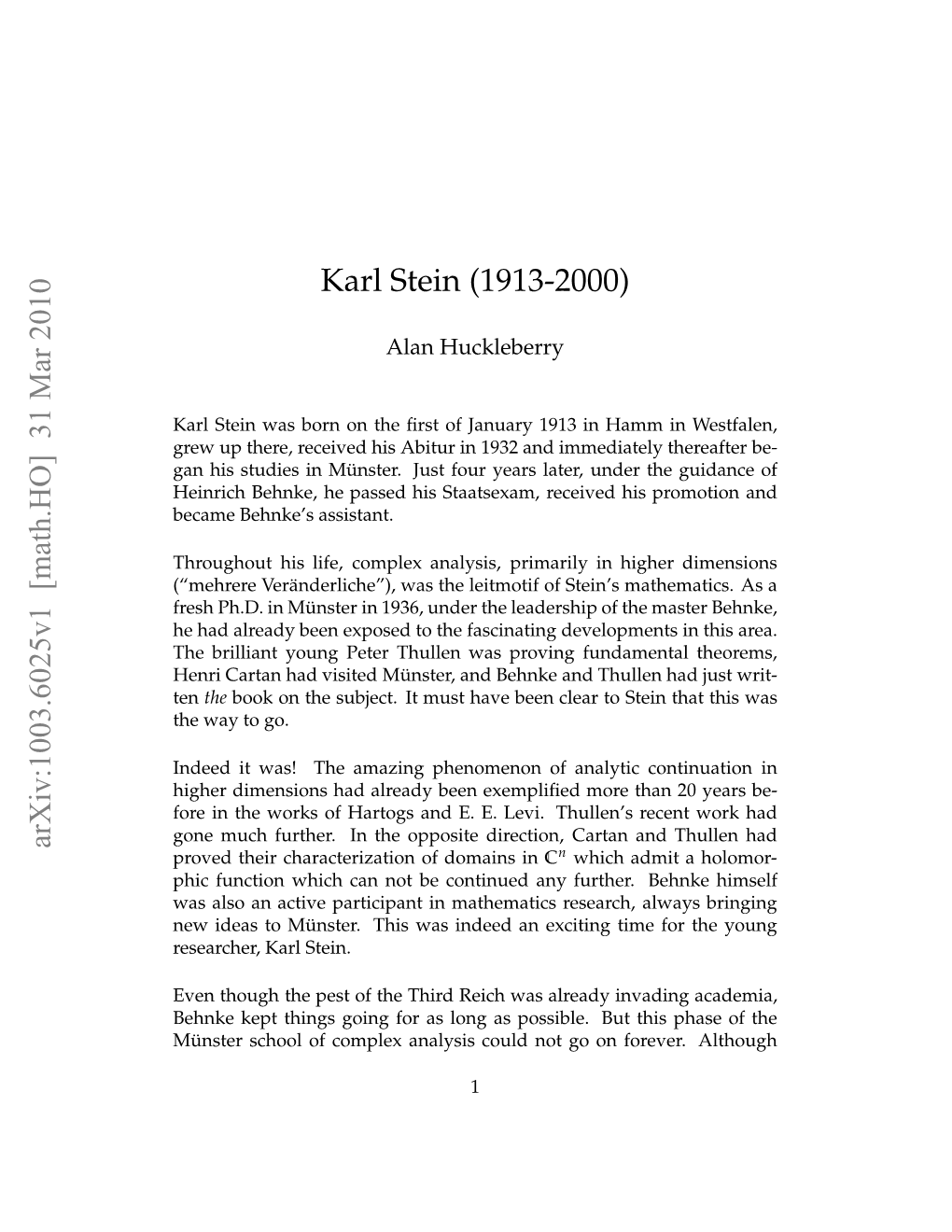 Arxiv:1003.6025V1 [Math.HO] 31 Mar 2010 Karl Stein (1913-2000)