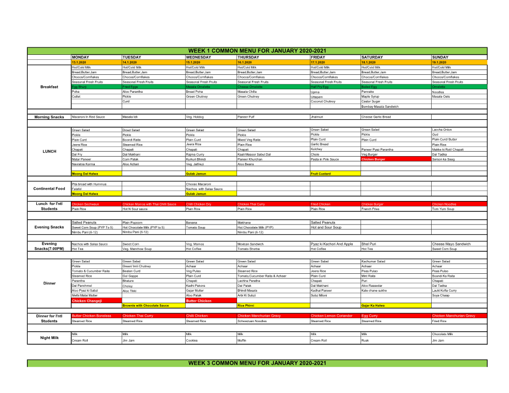 Week 1 Common Menu for January 2020-2021