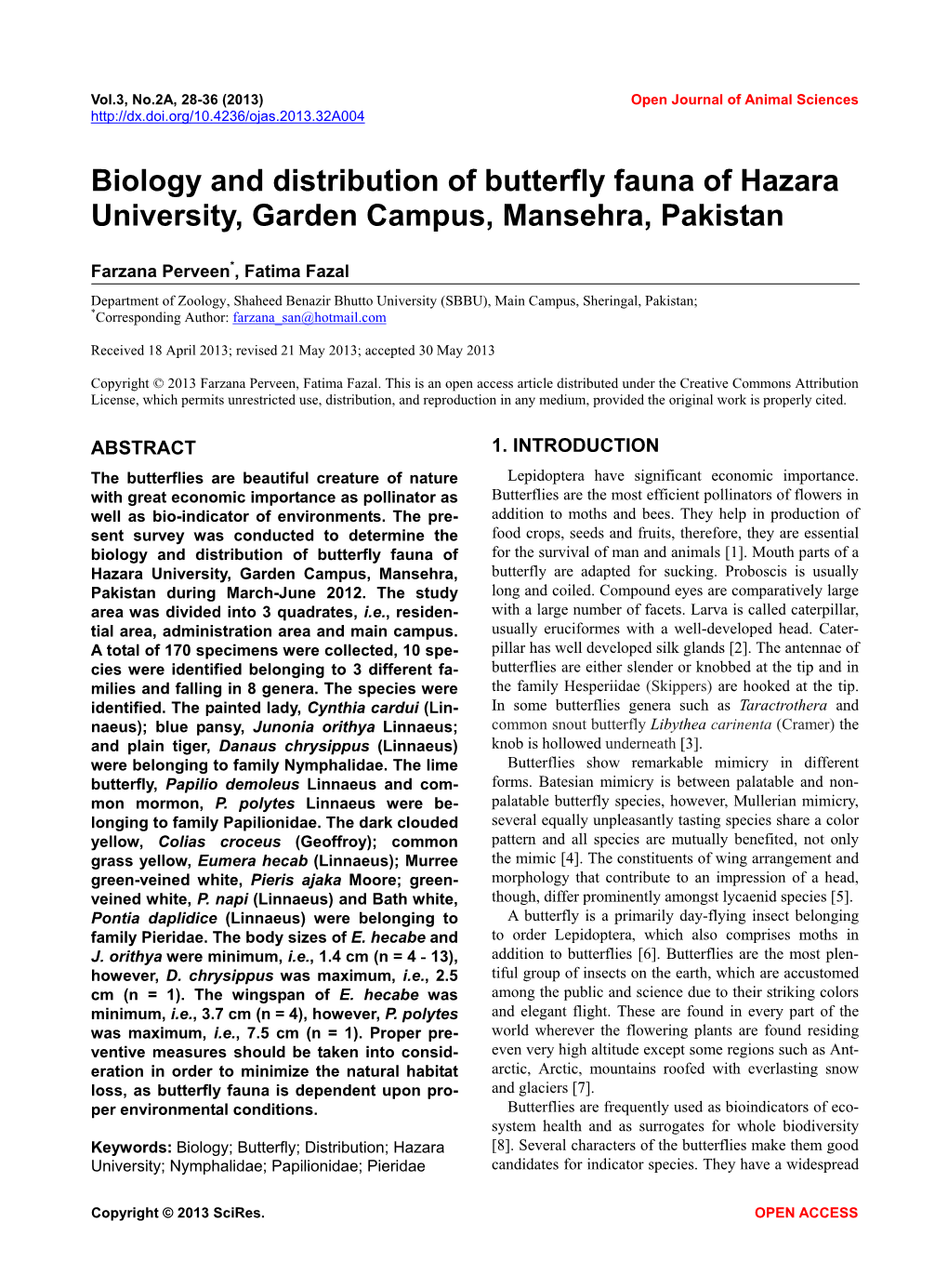 Biology and Distribution of Butterfly Fauna of Hazara University, Garden Campus, Mansehra, Pakistan