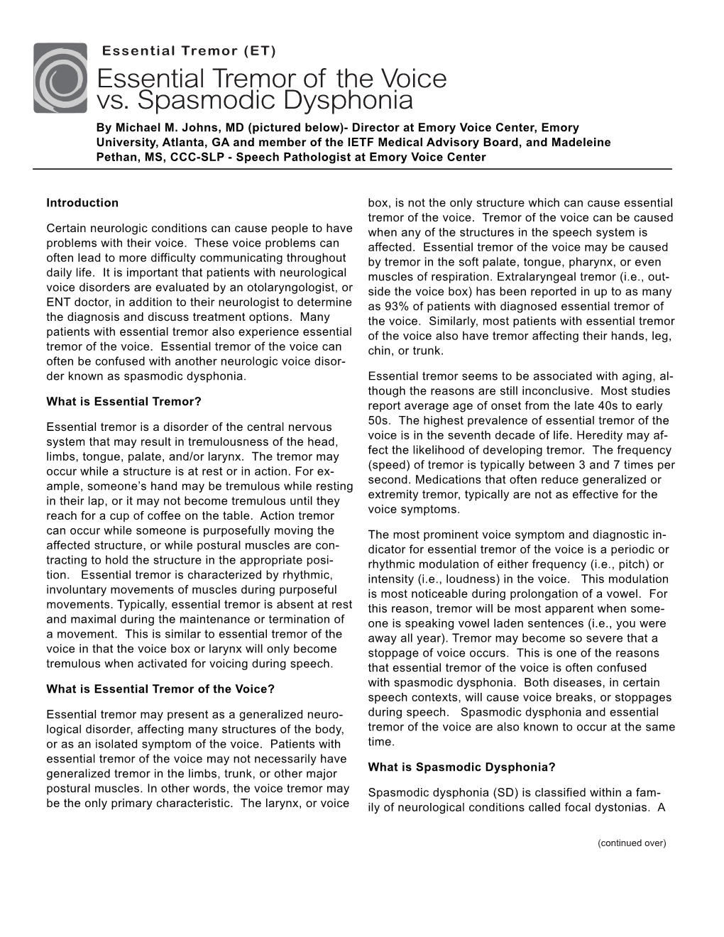 Essential Tremor of the Voice Vs. Spasmodic Dysphonia by Michael M