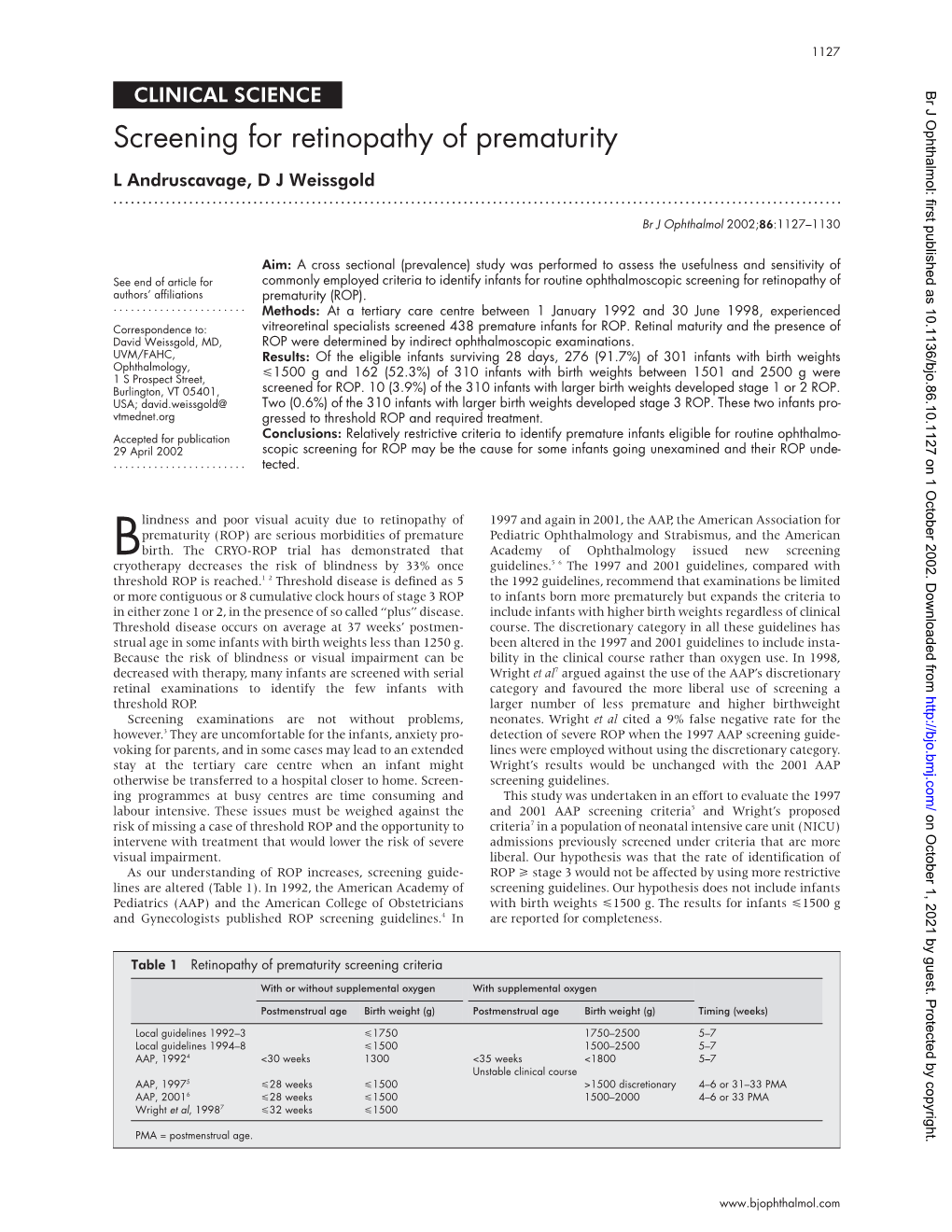 Screening for Retinopathy of Prematurity L Andruscavage, D J Weissgold