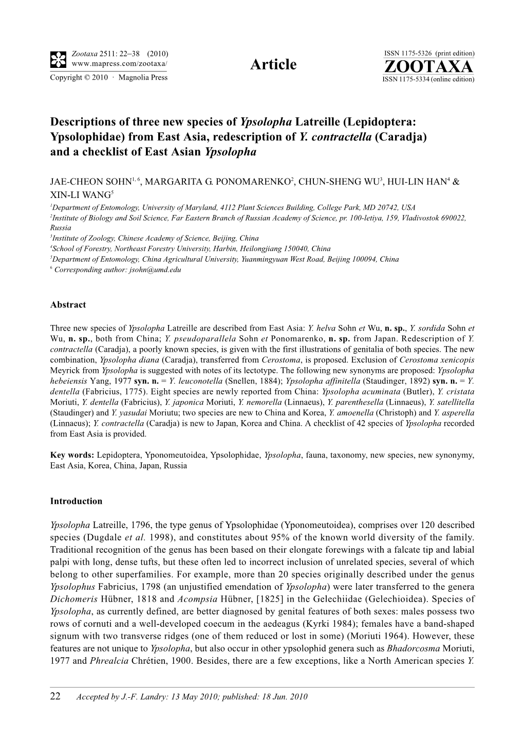 Zootaxa, Descriptions of Three New Species of Ypsolopha Latreille