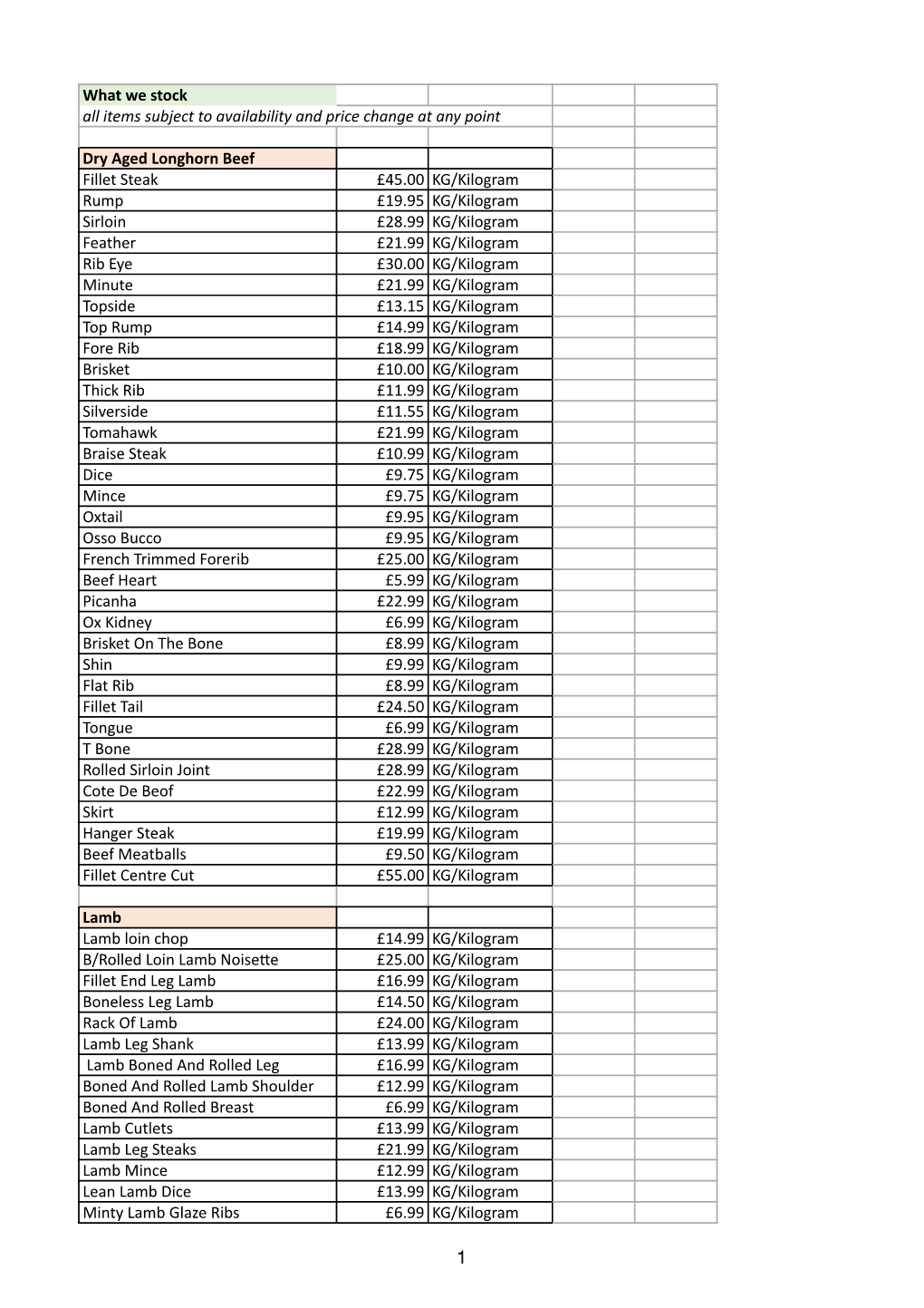 What We Stock All Items Subject to Availability and Price Change at Any Point