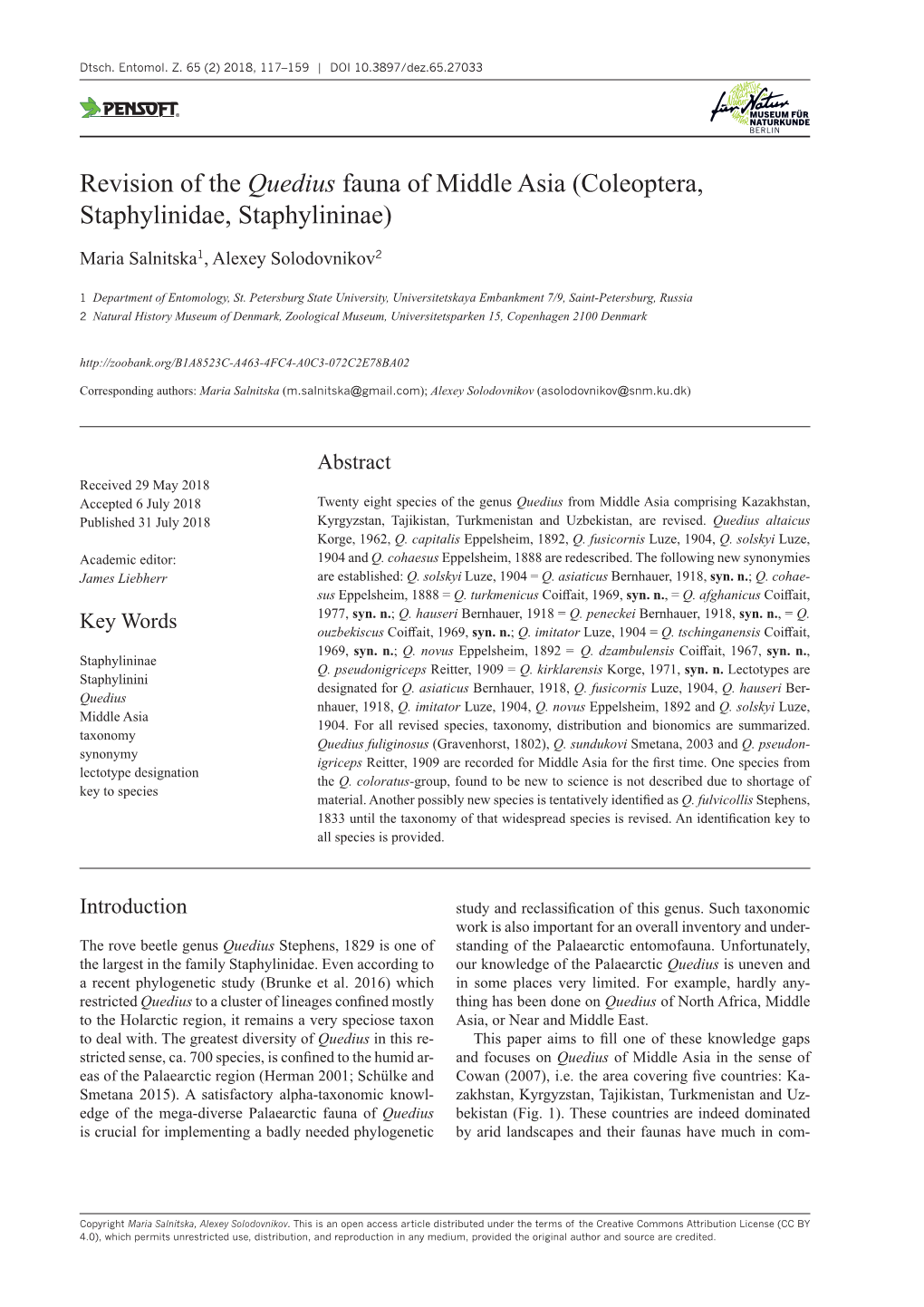 Revision of the Quedius Fauna of Middle Asia (Coleoptera, Staphylinidae, Staphylininae)