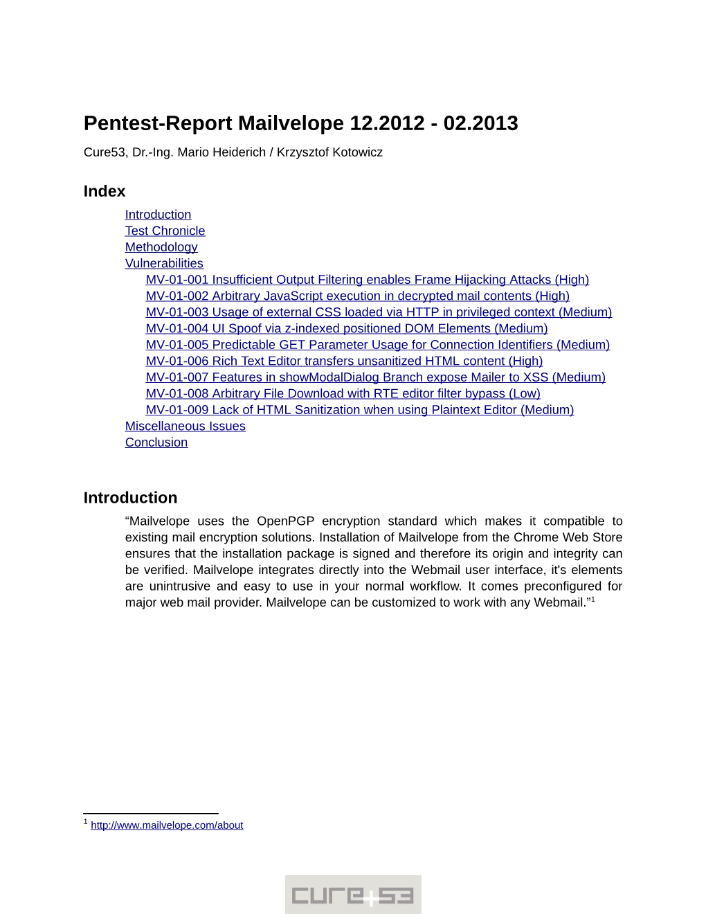 Pentest-Report Mailvelope 12.2012 - 02.2013 Cure53, Dr.-Ing